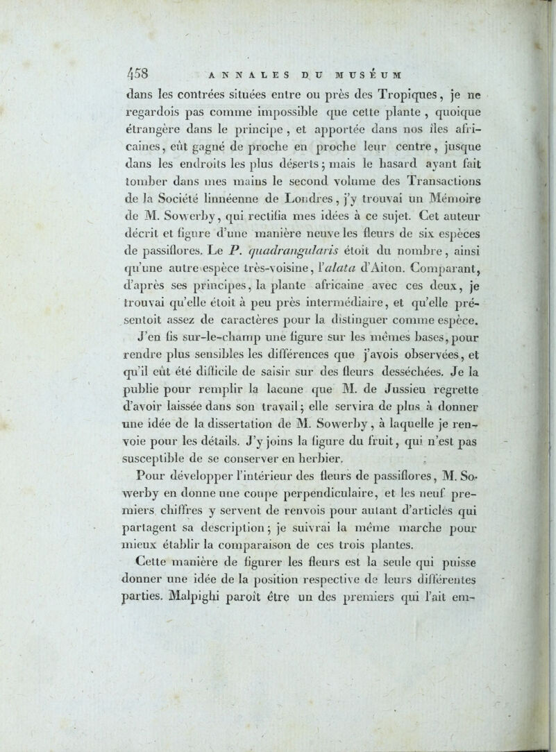 dans les contrées situées entre ou près des Tropiques, je ne regardois pas comme impossible que celte plante , quoique étrangère dans le principe , et apportée dans nos îles afri- caines , eût gagné de proche en proche leur centre, jusque dans les endroits les plus déserts ; mais le hasard ayant fait tomber dans mes mains le second volume des Transactions de la Société linnéenne de Londres, j’y trouvai un Mémoire de M. Sowerby, qui rectifia mes idées à ce sujet. Cet auteur décrit et ligure d’une manière neuve les fleurs de six espèces de passiflores. Le P. quadrangularis étoit du nombre, ainsi qu’une autre espèce très-voisine, Yalata d’Aiton. Comparant, d’après ses principes, la plante africaine avec ces deux, je trouvai qu’elle étoit à peu près intermédiaire, et qu’elle pré- sentoit assez de caractères pour la distinguer comme espèce. J’en fis sur-le-champ une figure sur les memes hases,pour rendre plus sensibles les différences que j’avois observées, et qu’il eût été difficile de saisir sur des fleurs desséchées. Je la publie pour remplir la lacune que M. de Jussieu regrette d’avoir laissée dans son travail ; elle servira de plus à donner une idée de la dissertation de M. Sowerby, à laquelle je ren- voie pour les détails. J’y joins la figure du fruit, qui n’est pas susceptible de se conserver en herbier. Pour développer l’intérieur des fleurs de passiflores, M. So- werby en donne une coupe perpendiculaire, et les neuf pre- miers chiffres y servent de renvois pour autant d’articles qui partagent sa description ; je suivrai la meme marche pour mieux établir la comparaison de ces trois plantes. Cette manière de figurer les fleurs est la seule qui puisse donner une idée de la position respective de leurs différentes parties. Malpighi paroît être un des premiers qui l’ait em-