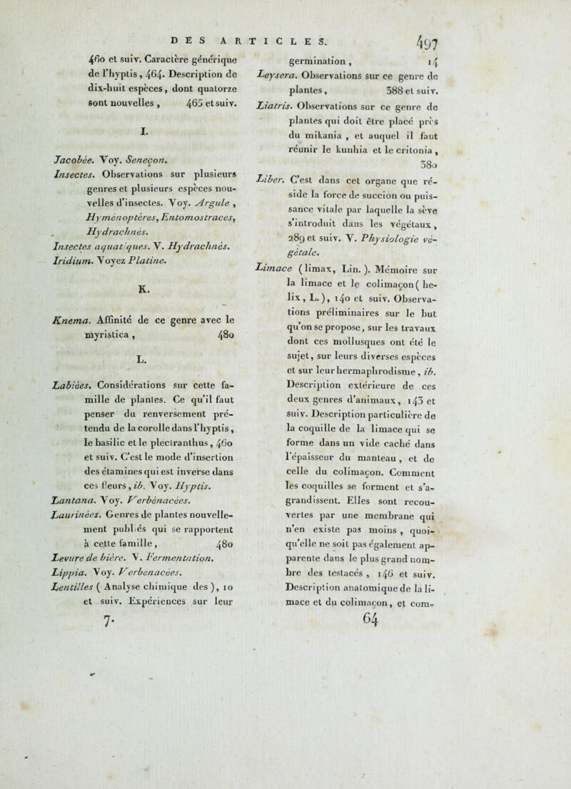 4/k> et suiv. Caractère générique de l’hyptis, 464. Description de dix-liuit espèces, dont quatorze sont nouvelles , 4^5 et suiv. I. Jacobèe. Voy. Seneçon. Insectes. Observations sur plusieurs genres et plusieurs espèces nou- velles d’insectes. Voy. Argule , Hyménoptères, Entomos traces, Hydrachnès. Insectes aquatiques. V. Hydrachnès. Iridium. Voyez Platine. K. Knema. Affinité de ce genre avec le myristica, 480 L. Labiées. Considérations sur cette fa- mille de plantes. Ce qu’il faut penser du renversement pré- tendu de la corolle dans l’hyptis, le basilic et le pleclranthus, 460 et suiv. C’est le mode d’insertion des étamines qui est inverse dans ces fleurs, z'A Voy. Hyptis. Lantana. Voy. Herbènacèes. Laurinèes. Genres de plantes nouvelle- ment publiés qui se rapportent à cette famille, 480 Levure de bière. V. Fermentation. Lippia. Voy. Verbenacèes. Lentilles ( Analyse chimique des ), 10 et suiv. Expériences sur leur 7- germination, 14 Leysera. Observations sur ce genre de plantes, 388 et suiv. Liatris. Observations sur ce genre de plantes qui doit être placé près du mikania , et auquel il faut réunir le kunhia et le critonia , 58o Liber. C’est dans cet organe que ré- side la force de succion ou puis- sance vitale par laquelle la sève s’introduit dans les végétaux, 289 et suiv. V. Physiologie vé- gétale. Limace (limax, Lin.). Mémoire sur la limace et le colimaçon ( hé- lix, L. ), i4o et suiv. Observa- tions préliminaires sur le but qu’on se propose, sur les travaux dont ces mollusques ont été le sujet, sur leurs diverses espèces et sur leur hermaphrodisme , ib. Description extérieure de ces deux genres d’animaux, 145 et suiv. Description particulière de la coquille de la limace qui se forme dans un vide caché dans l’épaisseur du manteau , et de celle du colimaçon. Comment lès coquilles se forment et s’a- grandissent. Elles sont recou- vertes par une membrane qui n’en existe pas moins , quoi- qu’elle ne soit pas également ap- parente dans le plus grand nom- bre des testacés , 14O et suiv. Description anatomique de la li- mace et du colimaçon, et com- 64