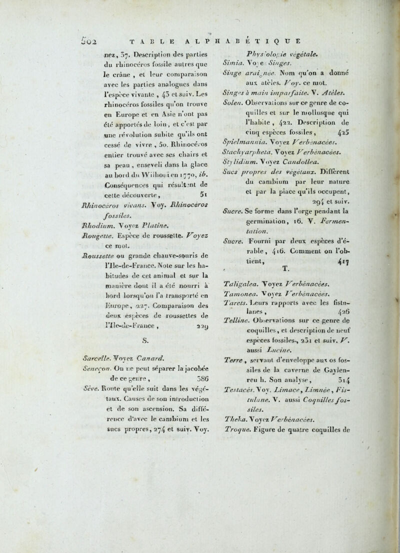 5g 2 TABLE A L P nez, 57. Description des parties du rhinocéros fossile autres que le crâne , et leur comparaison avec les parties analogues dans l’espèce vivante , 43 et suiv. Les rhinocéros fossiles qu’on trouve en Europe et en Asie n’ont pas été apportés de loin , et c’est par une révolution subite qu’ils ont cessé de vivre , 5o. Rhinocéros entier trouvé avec ses chairs et sa peau , enseveli dans la glace au bord du Wiihoui en 1770, (Conséquences qui résultent de cette découverte, 5i PJiinocéros vivans. Voy. Rhinocéros fossiles. Rhodium. Voyez Platine. Rougette. Espèce de roussette. Voyez ce mot. Roussette ou grande chauve-souris de l’Ile-de-France. Note sur les ha- bitudes de cet animal et sur la manière dont il a été nourri à bord lorsqu’on l’a transporté en Europe, -227. Comparaison des deux, espèces de roussettes de l’Ile-de- France , 229 S. Sarcelle. Voyez Canard. Seneçon. On ne peut séparer la jacobée de ce genre , 586 Sève. Route quelle suit dans les végé- taux. Causes de son introduction et de son ascension. Sa diffé- rence d’avec le cambium et les sucs propres, 274 et suiy. Voy. A B É TIQUE Phrs 'olo;. ie végétale. Si/nia. Vo e Si//ges. Singe arai0née. IVom qu’on a donné aux alèles. Voy. ce mot. Singes à main imparfaite. V. Atèles. Solen. Observations sur ce genre de co- quilles et sur le mollusque qui l’habile , 422. Description de cinq espèces fossiles, Spielmannia. Voyez Verbènacèes. Stachyarpheta. Voyez Verbènacèes. Stylidium. Voyez Candollea. Sucs propres des végétaux. Diffèrent du cambium par leur nature et par la place qu’ils occupent, 294 et suiv. Sucre. Se forme dans Forge pendant la germination, 16. V. Fermen- tation. Sucre. Fourni par deux espèces d’é- rable, 4‘d. Comment on l’ob- tient, 417 T. Tdligalea. Voyez Verbènacèes. Tamonea. Voyez Verbènacèes. Tarets. Leurs rapports avec les fistn- lanes, 42^ Telline. Observations sur ce genre de coquilles, et description de neuf espèces fossiles., 201 et suiv. V. aussi Lucine. Terre , servant d’enveloppe aux os fos- siles de la caverne de Gaylen- reu b. Son analyse, 3i4 T es tac és. Voy. Limace, Limitée, Fis- tu la ne. V. aussi Coquilles fos- siles. T bel, a. Voyez Verbènacèes. Troque. Figure de quatre coquilles de