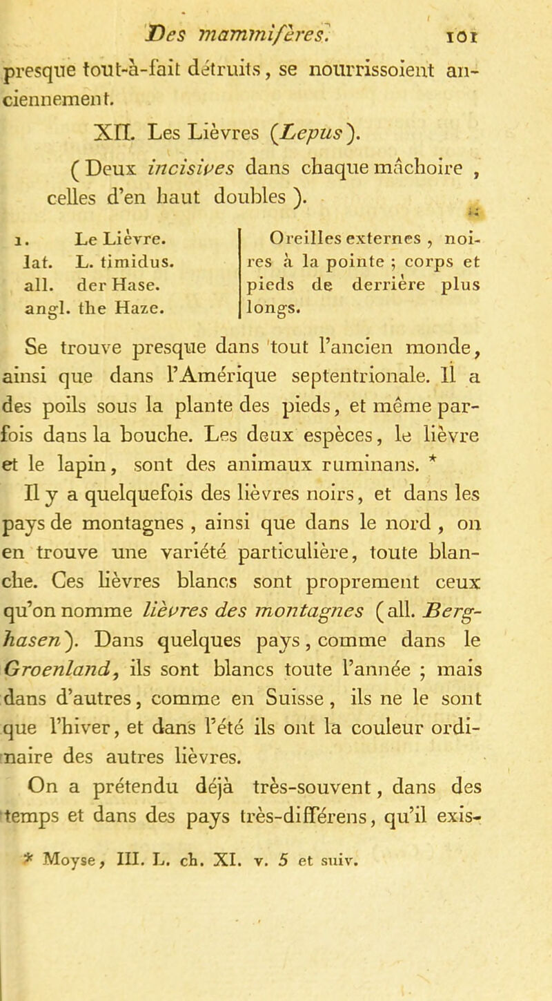 presque tont-à-fait détruits, se nourrissoieut an- ciennement. Xn. Les Lièvres {Lepus'). ( Deux inciswes dans chaque mâchoire , celles d’en haut doubles ). 1. Le Lièvre, lat. L. timidus. ail. der Hase, angl. the Haze. Oreilles externes , noi- res à la pointe ; corps et pieds de derrière plus longs. Se trouve presque dans 'tout l’ancien monde, ainsi que dans l’Amérique septentrionale. 11 a des poils sous la plante des pieds, et même par- fois dans la bouche. Les deux espèces, le lièvre et le lapin, sont des animaux ruminans. * Il y a quelquefois des lièvres noirs, et dans les pays de montagnes , ainsi que dans le nord , on en trouve une variété particulière, toute blan- che. Ces lièvres blancs sont proprement ceux qu’on nomme lièvres des montagnes ( ail. JBerg- hasen ). Dans quelques pays, comme dans le Groenland, ils sont blancs toute l’année ; mais dans d’autres, comme en Suisse, ils ne le sont que l’hiver, et dans l’été ils ont la couleur ordi- rnaire des autres lièvres. On a prétendu déjà très-souvent, dans des temps et dans des pays très-dilférens, qu’il exis- ^ Moyse, III. L. cli. XL v. 5 et suiv.