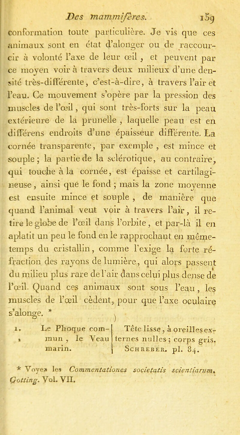 conFormation toute particulière. Je vis que ces animaux sont en état d’alonger ou de raccour- cir à volonté l’axe de leur œil, et peuvent par ce inojen voir à travers deux milieux d’une den- sité très-différente, c’est-à-dire, à travers l’air et l’eau. Ce mouvement s’opère par la pression des muscles de l’œil, qui sont très-forts sur la peau extérieure de la prunelle , laquelle peau est en différens endroits d’une épaisseur différente. La cornée transparente, par exemple , est mince et souple; la partie de la sclérotique, au contraire, qui touche à la cornée, est épaisse et cartilagi- neuse , ainsi que le fond ; mais la zone moyenne est ensuite mince et souple , de manière que quand l’animal veut voir à travers l’air, il re- tire le globe de l’œil dans l’orbite, et par-là il en aplatit un peu le fond en le rapprochant en même- temps du cristallin, comme l’exige la forte ré- fraction des rayons de lumière, qui alors passent du milieu plus rare de l’air dans celui plus dense de l’œil. Quand ces animaux sont sous l’eau , les muscles de l’œil cèdent, pour que l’axe oculaire 1. Le Phoque com- Tête lisse, à oreilles ex^ t auun , le Veau ternes nulles ; corps gris, marin. | Schrebeiu pl. 84. * Voyea les Commentationes societatis scienliariim., Qùtting. Vol. VII.