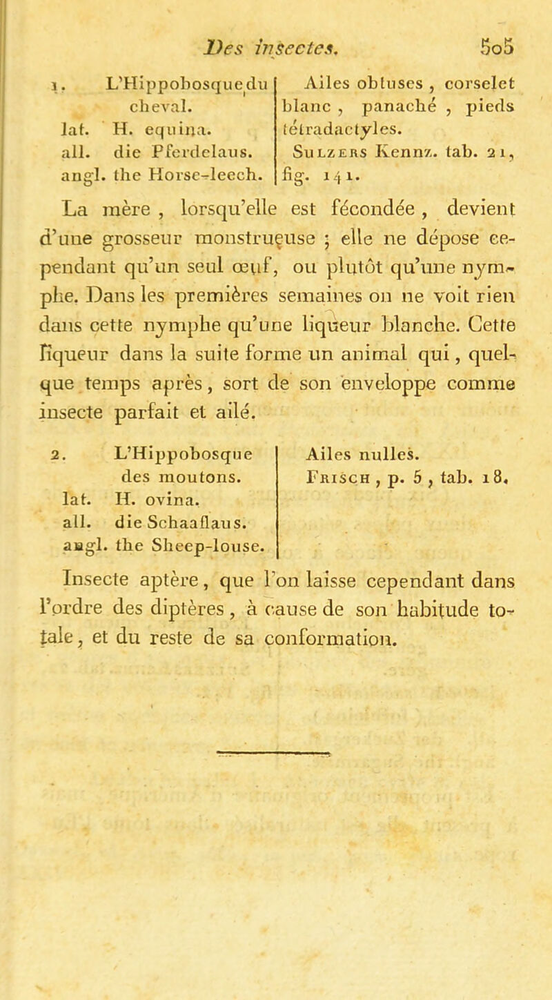 1. L’Hippobosquedii cheval. Jat. H. eqiiina. ail. die Pferdclaus. angl. the Horse-rleech. Ailes obtuses , corselet blanc , panaché , pieds (élradactyles. SuLZERS Kennz. lab. 21, fig. 141. La mère , lorsqu’elle est fécondée , devient d’une grosseur raonstruçuse ; elle ne dépose ce- pendant qu’un seul œuf, ou plutôt qu’une njni^ phe. Dans les premières semaines on ne voit rien dans cette nymphe qu’une liqueur blanche. Cette liqueur dans la suite forme un animal qui, queL que temps après, sort de son enveloppe comme insecte parfait et ailé. 2. L’Hi]jpobosque Ailes nulles. des moutons. Frisçh , p. 5 , tab. 18, lat. H. ovina, ail. die Schaaflaus. aHgl. the Sheep-louse. Insecte aptère, que l’on laisse cependant dans l’ordre des diptères, à cause de son habitude to- tale et du reste de sa conformation.