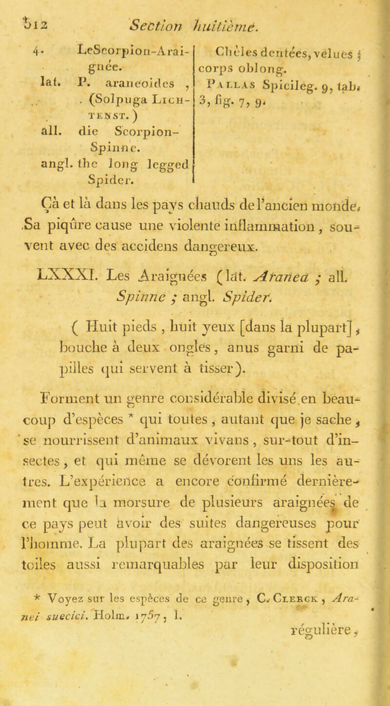 ^12 Section hiiitiènié. 4. LeScorpIori-Arai- griéc. la(. P. araiieoirtes , ,, . (Solpiiga Lich- TENST. ) ail. die Scorplon- Spinne. angl. the long legged Spider. Clièlcs dentées, velues ^ corps oblong. Pallas Spicileg. 9, tab< 3,fig. 7,9. Çà et là dans les pays chauds de l’ancien mondes ,Sa piqûre cause une violente inflammation , sou^ vent avec des accldens dangereux. LXXXI. Les Araignées (lât. Atanea ; ail. Spinne ; angl. Spider. ( Huit pieds , huit yeux [dans la plupart], h(mche à deux ongles, anus garni de pa- pilles (|ui servent à tisser). Forment un genre considérable divisé,en beau- coup d’espèces * qui toutes , autant que je sache , ' se nourrissent d’animaux vivans, sur--tout d’in- sectes , et qui même se dévorent les uns les au- tres. L’expérience a encore confirmé dernière- ment que la morsure de plusieurs araignées de ce pays peut civoir des suites dangereuses pour riiomme. La plupart des araignées se tissent des toiles aussi remarquables par leur disposition * 7iei Voyez sut-les espèces de ce genre, C. Clekgk , Ara- suecici. Holni. 17575 1. régulière w O ^