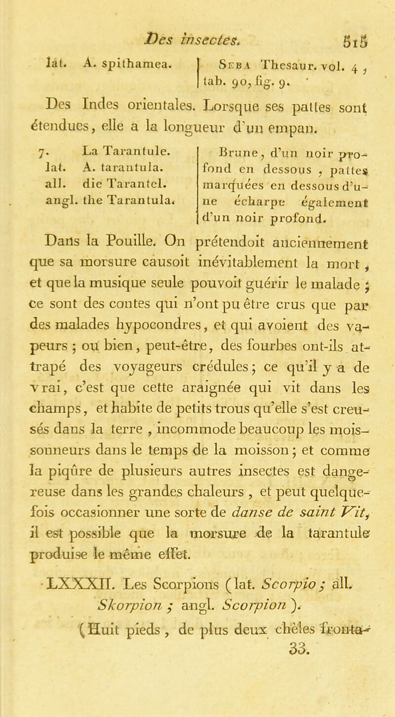 lat. A, spithamca. Seba Thesaur. vol. 4, lab. 90; fig. 9. ' Des Indes orientales. Lorsque ses pattes sont étendues, elle a la longueur d’un empan. 7. La Tarantule. lat. A. tarantula. ail. die Tarantel. angl. the Tarantula. Brune, d’un noir pro- fond en dessous , pattes marquées en dessous d’u- ne écharpe également d’un noir profond. Dans la Fouille. On préteudoit anciennement que sa morsure causoit inévitablement la mort „ et que la musique seule pouvoit guérir le malade J ce sont des contes qui n’ont pu être crus que par des malades liypocondres, et qui avoient des va- peurs ; ou bien, peut-être, des fourbes ont-ils at- trapé des voyageurs crédules ; ce qu’il y a de vrai, c’est que cette araignée qui vit dans les champs, et habite de petits trous qu’elle s’est creu- sés dans la terre , mcommode beaucoup les mois- sonneurs dans le temps de la moisson ; et comme la piqûre de plusieurs autres insectes est dange- reuse dans les grandes chaleurs , et peut quelque- fois occasionner une sorte de danse de saint Vit^ il est possible que la morsure de la tarantule produise le même effet. •LXXXIT. Les Scorpions (lat. Scofpio j ail. Skorpion ^ angl. Scorpion ). (Huit pieds, de plus deux chèles frontai^ 33.