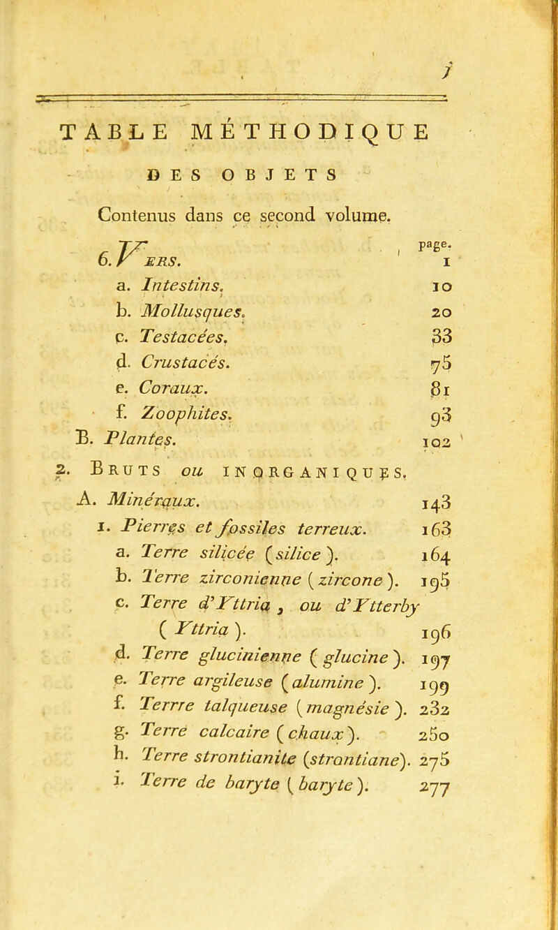 ) TABLE METHODIQUE DES OBJETS Contenus dans ce second volume. page. I IO 20 33 ?5 3ï 102 z. r. 6. V'ers. a. Intestins. . , ) b. Mollusques. p. Testacées. d. Crustacés. e. Coraux. f. Zoophites. B. Plantes. h J . Bruts ou inorganiques. A. Minéraux. 143 1. Pierres et f.ossiles terreux. i63 a. Terre silicée (silice ). 164 b. l'erre zirconienne {zircone). 19$ c* Terre PPttria 3 ou PYtterby ( Yttria ). 196 d. Terre glucinienne ( glucine ). 197 e. Terre argileuse (alumine ). 199 f. Terrre talqueuse ( magnésie ). 282 g. calcaire (chaux). 280 h. Terre strontianite (strontiane). 275