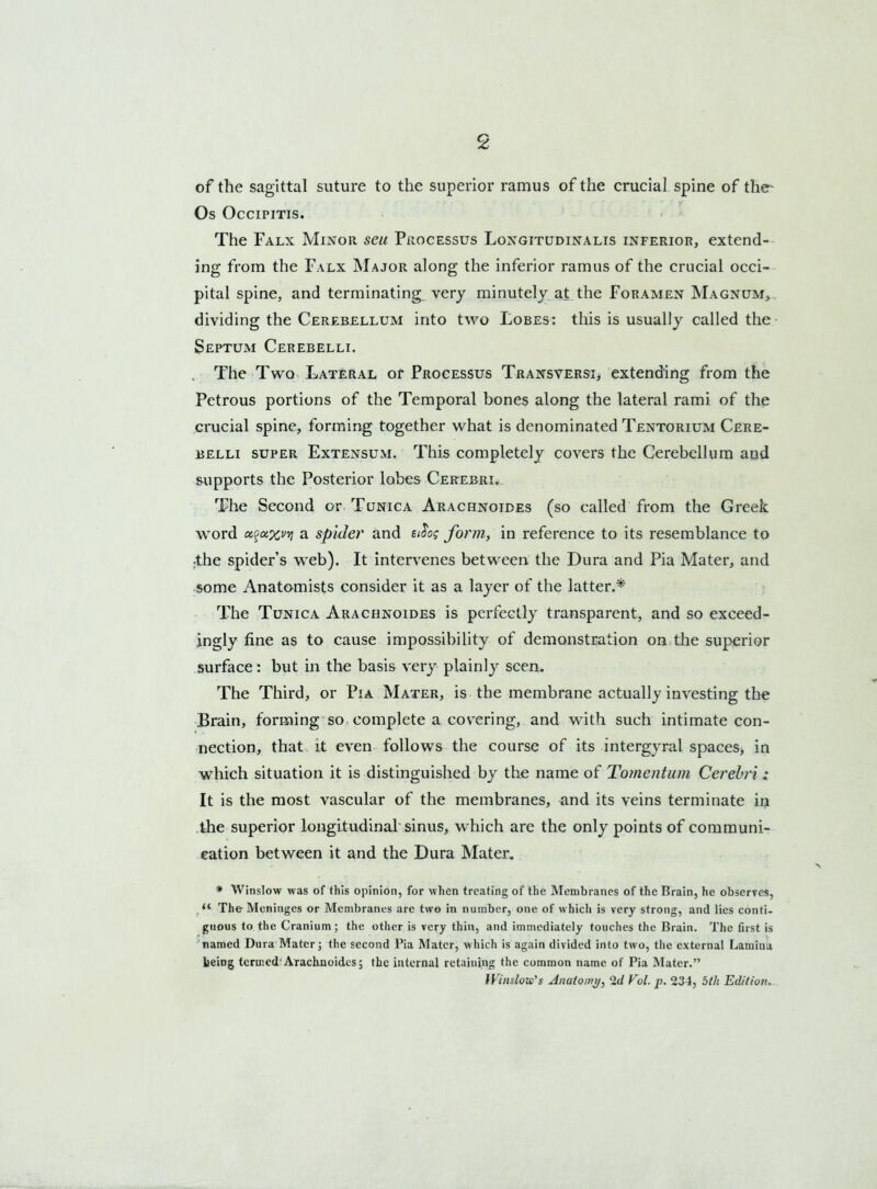 of the sagittal suture to the superior ramus of the crucial spine of the' Os Occipitis. The Falx Minor seu Processus Longitudinalis inferior, extend- ing from the Falx Major along the inferior ramus of the crucial occi- pital spine, and terminating, very minutely at the Foramen Magnum, dividing the Cerebellum into two Lobes: this is usually called the Septum Cerebelli. The Two Lateral or Processus Transversi, extending from the Petrous portions of the Temporal bones along the lateral rami of the crucial spine, forming together what is denominated Tentorium Cere- belli super Extensum. This completely covers the Cerebellum and supports the Posterior lobes Cerebri. The Second or Tunica Arachnoides (so called from the Greek word oi^oixvvj a spider and tdo; form, in reference to its resemblance to •the spider’s web). It intervenes between the Dura and Pia Mater, and some Anatomists consider it as a layer of the latter.* The Tunica Arachnoides is perfectly transparent, and so exceed- ingly fine as to cause impossibility of demonstration on the superior surface: but in the basis very plainly seen. The Third, or Pia Mater, is the membrane actually investing the Brain, forming so complete a covering, and with such intimate con- nection, that it even follows the course of its intergyral spaces> in which situation it is distinguished by the name of Tomentum Cerebri: It is the most vascular of the membranes, and its veins terminate in the superior longitudinal sinus, which are the only points of communi- cation between it and the Dura Mater. * Winslow was of this opinion, for when treating of the Membranes of the Brain, he observes, .u The Meninges or Membranes arc two in number, one of which is very strong, and lies conti- guous to the Cranium; the other is very thin, and immediately touches the Brain. The first is named Dura Mater; the second Pia Mater, which is again divided into two, the external Lamina being termed Arachnoides; the internal retaining the common name of Pia Mater.” Winslow's Anatomy, 2d Fol. p. 234, 5th Edition.