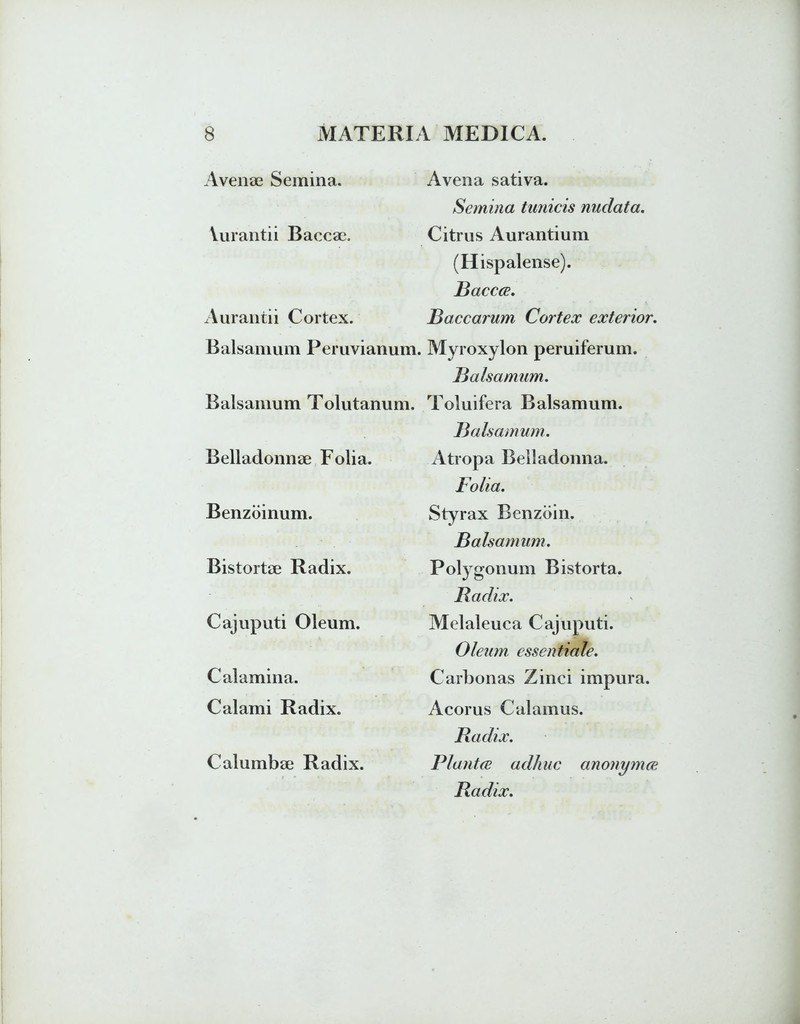 Avenae Semina. Yurantii Baccae. Aurantii Cortex. Balsamum Peruvianum. Balsamum Tolutanum. Belladonnae Folia. Benzoinum. Bistortae Radix. Cajuputi Oleum. Calamina. Calami Radix. Calumbae Radix. Avena sativa. Semina tunicis nudata. Citrus Aurantium (Hispalense). Baccce. Baccarum Cortex exterior. Myroxylon peruiferum. Balsamum. Toluifera Balsamum. Balsamum. Atropa Belladonna. Folia. Styrax Benzoin. Balsamum. Polygonum Bistorta. Badiiv. Melaleuca Cajuputi. Oleum essentiale. Carbonas Zinci impura. Acorus Calamus. Radix. Piant ce adhuc anonymce Radix.