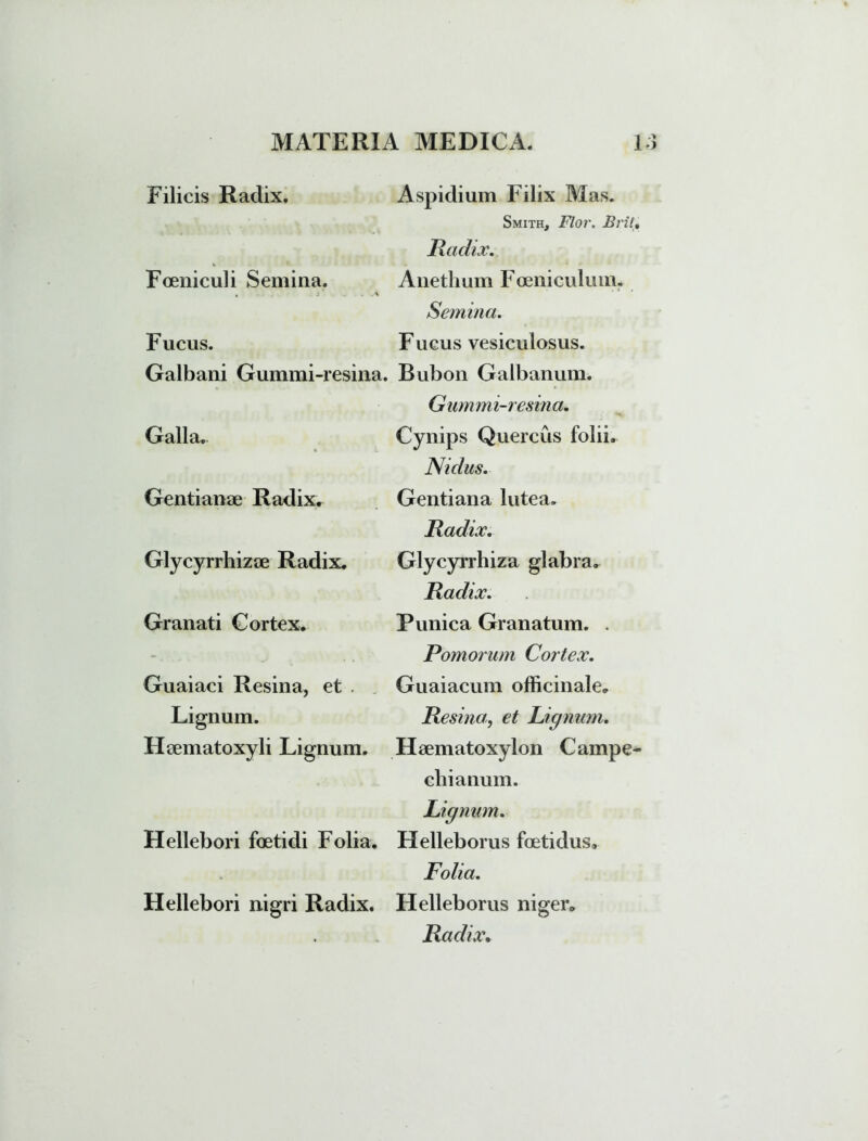 Filicis Radix. Foeniculi Semina. « s . . .\ Fucus. Galbani Gummi-resina Galla. Gentianae Radix. Glycyrrhizae Radix. Granati Cortex. Guaiaci Resina, et . Lignum. Haematoxyli Lignum. Hellebori foetidi Folia. Hellebori nigri Radix. Aspidium Filix Mas. Smith, Flor. Bril. Radix. Anethum Foeniculum. Semina. Fucus vesiculosus. Bubon Galbanum. Gummi-resina. Cynips Quercus folii. Nidus. Gentiana lutea. Radix. Glycyrrhiza glabra. Radix. Punica Granatum. . Rornorum Cortex. Guaiacum officinale. Resina, et Lignum. Haematoxylon Campe- ehianum. Lignum. Helleborus foetidus, Folia. Helleborus niger. Radix.