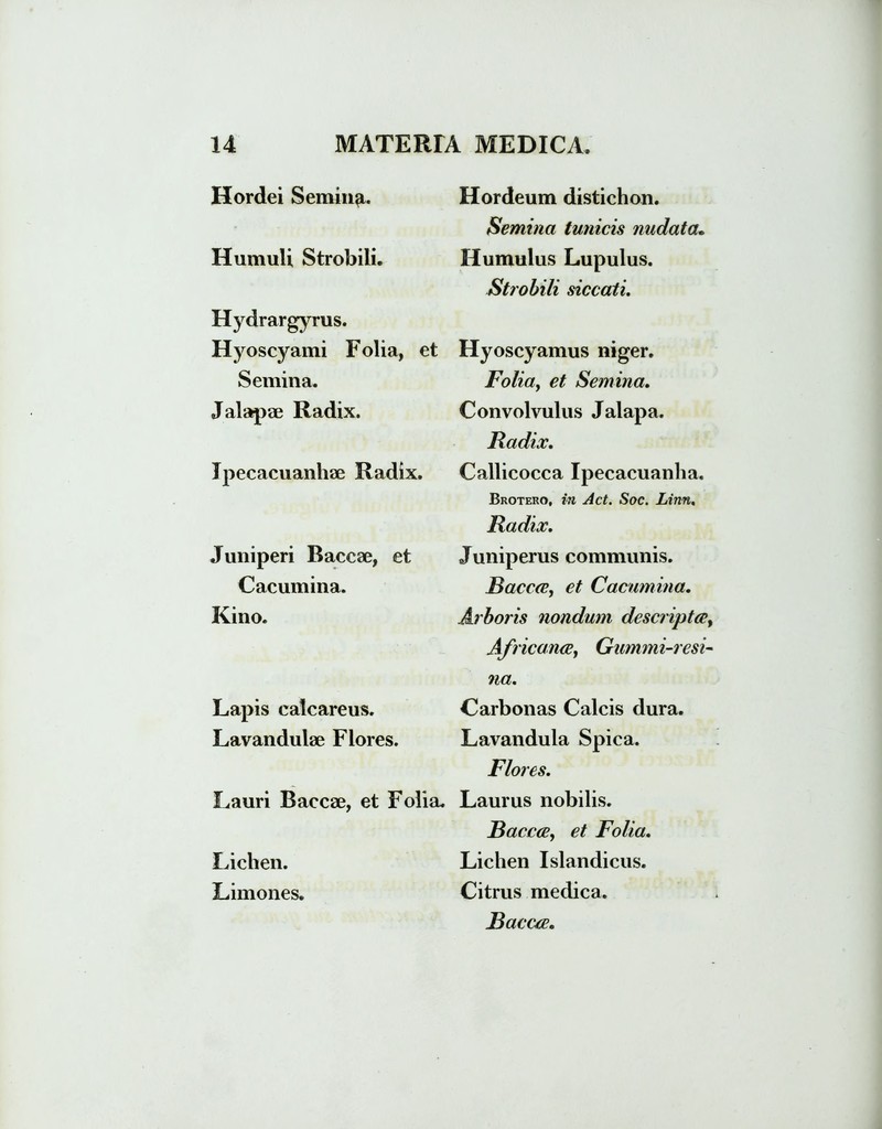 Hordei Seminii. Humuli Strobili. Hydrargyrus. Hyoscyami Folia, et Semina. Jalapae Radix. Ipecacuanhae Radix. Juniperi Baccae, et Cacumina. Kino. Lapis calcareus. Lavandulae Flores. Lauri Baccae, et Folia. Lichen. Limones. Hordeum distichon. Semina tunicis nudata. Humulus Lupulus. Strobili siccati. Hyoscyamus niger. Foliay et Semina. Convolvulus Jalapa. Radix. Callicocca Ipecacuanha. Brotero, in Act. Soc. Linn. Radix. Juniperus communis. Bacca, et Cacumina. Arboris nondum descripta, Africana, Gummi-resi- 7ia. Carbonas Calcis dura. Lavandula Spica. Flores. Laurus nobilis. Bacca, Folia. Lichen Islandicus. Citrus medica. Bacca.