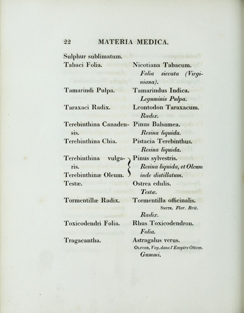 Sulphur sublimatum. Tabaci Folia. Tamarindi Pulpa. Taraxaci Radix. Terebintbina C anaden- sis. Terebinthina Chia. Terebinthina vulga- ris. Terebinthinae Oleum. Testae. Tormentillae Radix. Toxicodendri Folia. Tragacantha. Nicotiana Tabacum. Folia siccata (Viigi- niana). Tamarindus Indica. Leguminis Pulpa. Leontodon Taraxacum. Radix. Pinus Balsamea. Resina liquida. Pistacia Terebinthus. Resina liquida. Pinus sylvestris. Resina liquida, et Oleum inde distillatum. Ostrea edulis. Testee. Tormentilla officinalis. SmitHj Flor. Brit. Radix. Rhus Toxicodendron. Folia. Astragalus verus. OlivieRj Voy.clans VEmpire Ottom. Gummi.