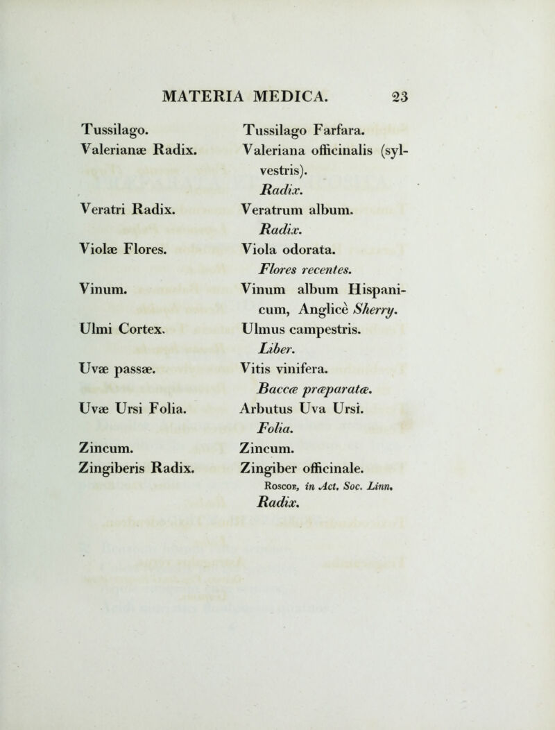 Tussilago. Valerianae Radix. Veratri Radix. Violae Flores. Vinum. Ulmi Cortex. Uvae passae. Uvae Ursi Folia. Zincum. Zingiberis Radix. Tussilago Farfara. Valeriana ofticinalis (syl- vestris). Radix. Veratrum album. Radix. Viola odorata. Flores recentes. Vinum album Hispani- cum, Anglice Sherry. Ulmus campestris. Fiber. Vitis vinifera. Raccae 'praeparatae. Arbutus Uva Ursi. Folia. Zincum. Zingiber officinale. Roscoe, in Act. Soc. Linn% Radix.
