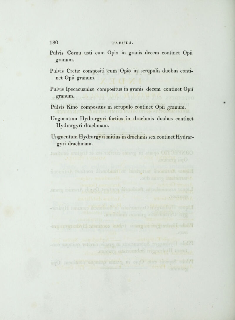 Pulvis Cornu usti cum Opio in granis decem continet Opii granum. Pulvis Cretae compositi cum Opio in scrupulis duobus conti- net Opii granum. Pulvis Ipecacuanhae compositus in granis decem continet Opii granum. Pulvis Kino compositus in scrupulo continet Opii granum. Unguentum Hydrargyri fortius in drachmis duabus continet Hydrargyri drachmam. Unguentum Hydrargyri mitius in drachmis sex continet Hydrar- gyri drachmam.