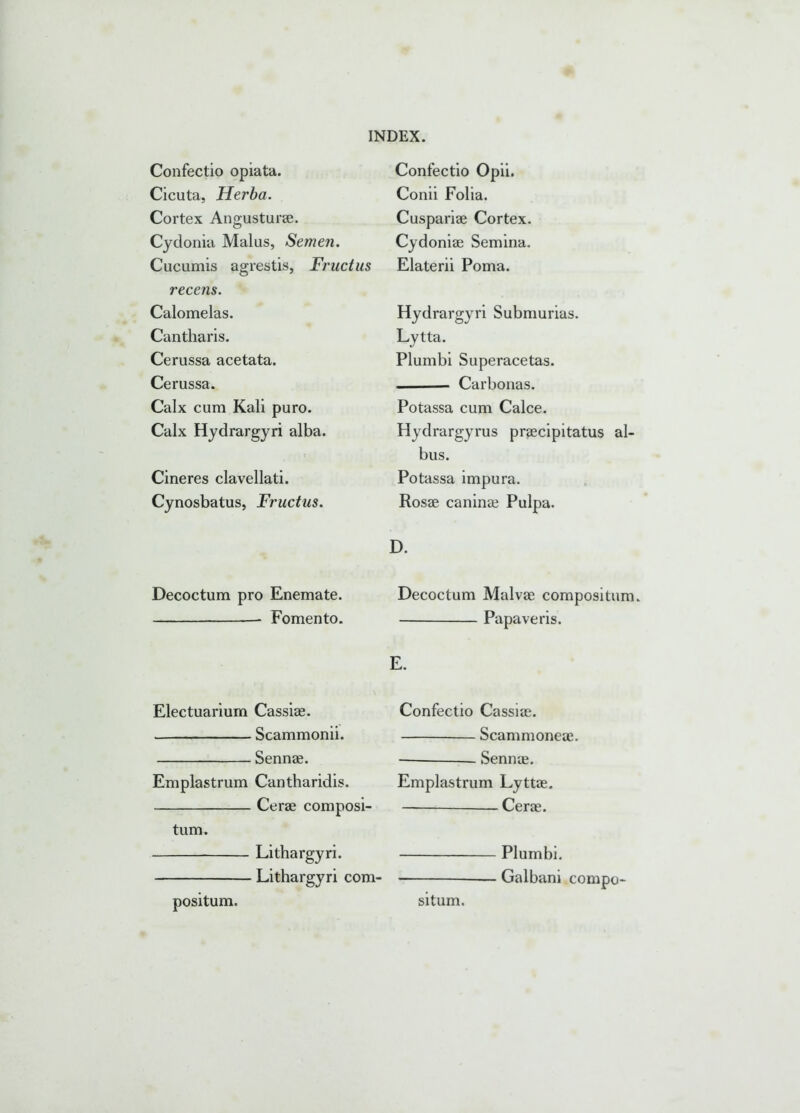 Confectio opiata. Cicuta, Herba. Cortex Angusturse. Cydonia Malus, Semen. Cucumis agrestis, Fructus recens. Calomelas. Cantharis. Cerussa acetata. Cerussa. Calx cum Kali puro. Calx Hydrargyri alba. Cineres clavellati. Cynosbatus, Fructus. Decoctum pro Enemate. Fomento. Electuarium Cassiae. Scammonii. Sennae. Emplastrum Cantharidis. Cerae composi- tum. Lithargyri. Lithargyri com- Confectio Opii. Conii Folia. Cuspariae Cortex. Cydoniae Semina. Elaterii Poma. Hydrargyri Submurias. Lytta. Plumbi Superacetas. Carbonas. Potassa cum Calce. Hydrargyrus praecipitatus al- bus. Potassa impura. Rosae caninae Pulpa. D. Decoctum Malvae compositum. Papaveris. E. Confectio Cassiae. Scammoneae. Sennae. Emplastrum Lyttae. — Cerae. Plumbi. Galbani compo- positum. situm.