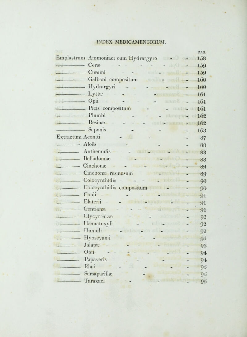 PAG. Emplastrum Ammoniaci cum Hydrargyro - - 158 — Ceras - - - 159 Cumini - - - 159 —. Galbani compositum - - 160 . Hydrargyri - 1(50 Lyttae - 161 Opii - - 161 — Picis compositum - l(5l Plumbi - 162 Resinae - - - - 162 Saponis - - - 163 Extractum Aconiti - - - 87 Aloes - - - 88 Anthemidis - - - - 88 _ Belladonnae - _ - 88 Cinchonae - - -89 Cmchonae resinosum - -89 Colocynthidis - - -90 _— Colocynthidis compositum - 90 Conii - - _ 91 Elaterii - - 9 ] Gentianae - - -91 Glycyrrhizae - 92 _ Haematoxyli - >92 Humuli - - 92 w- Hyoscyami - 93 Jalapae 93 Opii ----- 94 Papaveris - - 94 Rhei - - 95 — Sarsaparillae - .95 Taraxaci - - 95