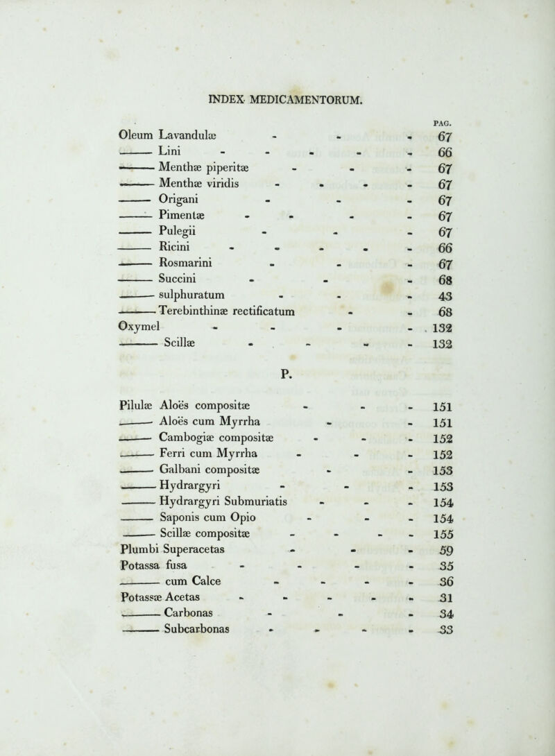 Oleum Lavandulae Lini — ■ Menthae piperitae — Menthae viridis Origani Pimentae Pulegii Ricini — Rosmarini Succini — sulphuratum Terebinthinae rectificatum Oxymel Scillae P. Pilulae Aloes compositae Aloes cum Myrrha . — Cambogiae compositae _ Ferri cum Myrrha -—— Galbani compositae —-— Hydrargyri Hydrargyri Submuriatis Saponis cum Opio Scillae compositae Plumbi Superacetas Potassa fusa cum Calce Potassae Acetas „ Carbonas Subcarbonas PAG. 67 66 67 67 67 67 67 66 67 68 43 68 . 132 132 151 151 152 152 153 153 154 154 155 59 35 36 31 34 33