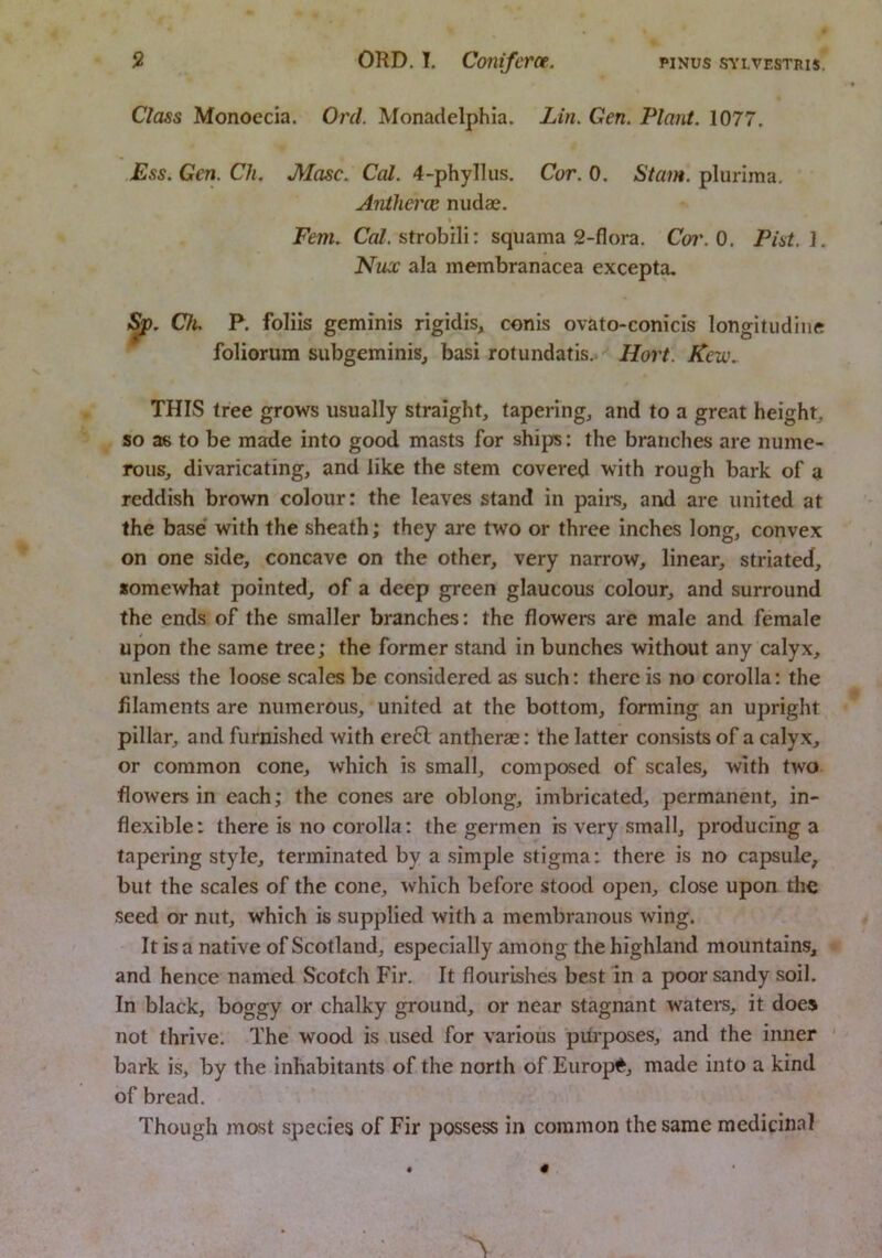 Class Monoecia. Orel. Monadelphia. Lin. Gen. Plant. 1077. Ess. Gen. Ch, Jllasc. Cal. 4-phyIlus. Cor. 0. Siam, plurima. Anthercc nudae. Fem. Ca/. strobili: squama 2-flora. Coi'.O. Pist.l. Niix ala membranacea excepta. Ch. P. foliis geminis rigidis, conis ovato-conicis longitudiiift foliorum subgcminis^ basi rotundatis. Hort. Kew.. THIS tree grows usually straight, tapering, and to a great height, so as to be made into good masts for ships: the branches are nume- rous, divaricating, and like the stem covered with rough bark of a reddish brown colour: the leaves stand in pail's, and are united at the base' with the sheath; they are two or three inches long, convex on one side, concave on the other, very narrow, linear, striated, somewhat pointed, of a deep green glaucous colour, and surround the ends of the smaller branches: the flowers are male and female upon the same tree; the former stand in bunches without any calyx, unless the loose scales be considered as such: there is no corolla: the filaments are numerous, united at the bottom, forming an upright pillar, and furnished with ere6l antherse: the latter consists of a calyx, or common cone, which is small, composed of scales, with two flowers in each; the cones are oblong, imbricated, permanent, in- flexible: there is no corolla: the germen is very small, producing a tapering style, terminated by a simple stigma: there is no capsule, but the scales of the cone, which before stood open, close upon the seed or nut, which is supplied with a membranous wing. It is a native of Scotland, especially among the highland mountains, and hence named Scotch Fir. It flourishes best in a poor sandy soil. In black, boggy or chalky ground, or near stagnant watei*s, it does not thrive. The wood is used for various purposes, and the inner bark is, by the inhabitants of the north of Europe, made into a kind of bread. Though most species of Fir possess in common the same medicinal