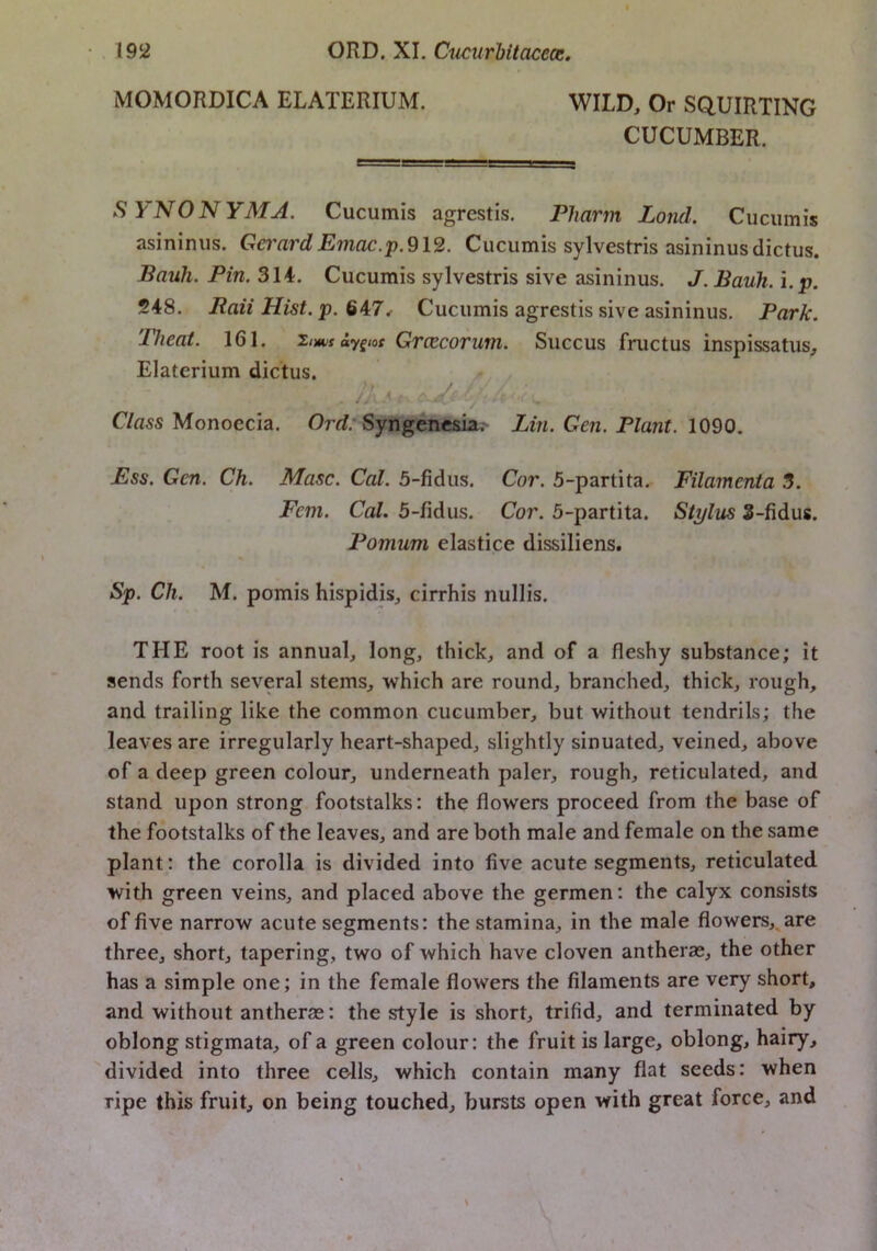 MOMORDICA ELATERIUM. WILD, Or SQUIRTING CUCUMBER. S YNONYMA. Cucumis agrestis. PJiarm Lond. Cuciimis asininus. Gci'ardEmac.'p.^l^. Cucumis sylvestris asininusdictus. Bauh. Pin. 314. Cucumis sylvestris sive asininus. J.Bauh. i.p. 248. Raii Hist.'p. %Y7^ Cucumis agrestis sive asininus. Park. Theat. 161. 2.tms uy^tos Grozcorum. Succus fructus inspissatus, Elaterium dictus. > J 1 C/rtss Monoecia. Orr?.* Syhgenesia. Lin. Gen. Plant. IQQQ. Ess. Gen. Ch. Masc. Cal. 5-fidus. Cor. 5-partita. Filamenia 3. Fem. Cal. 5-fidus. Cor. 5-partita. Stylus 3-fidus. Pomum elastice dissiliens. Sp. Ch. M. pomis hispidis, cirrhis nullis. THE root is annual, long, thick, and of a fleshy substance; it sends forth several stems, which are round, branched, thick, rough, and trailing like the common cucumber, but without tendrils; the leaves are irregularly heart-shaped, slightly sinuated, veined, above of a deep green colour, underneath paler, rough, reticulated, and stand upon strong footstalks: the flowers proceed from the base of the footstalks of the leaves, and are both male and female on the same plant: the corolla is divided into five acute segments, reticulated with green veins, and placed above the germen; the calyx consists of five narrow acute segments: the stamina, in the male flowers,, are three, short, tapering, two of which have cloven anthera^, the other has a simple one; in the female flowers the filaments are very short, and without antheree: the style is short, trifid, and terminated by oblong stigmata, of a green colour: the fruit is large, oblong, hairy, divided into three colls, which contain many flat seeds: when ripe this fruit, on being touched, bursts open with great force, and
