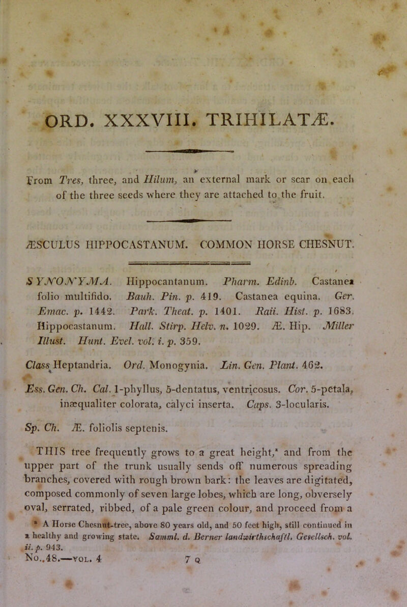 ORD. xxxviil. TRIHILAT^. from Tres, three, and Uilum, an external mark or scar on each of the three seeds where they are attached to the fruit. i^iSCULUS HIPPOCASTANUM. COMMON HORSE CHESNUT. .S YJfOJ^'YMA. Hippocantanum. Pharm. Edinb. Castane* • folio multifido. Baiih. Pin. p. 419. Castanea equina. Ger. Emac. p. 1442. Park. Theat. p. 1401. Raii. Hist. p. 1683. Hippocastanum. H(dl. Stirp. Helv, n, 1029. M,. Hip. Miller Illust. Hunt. Evel. vol: i. p. 359. C/oss^Heptandria. Ord. Monogynia. Lin. Gen. Plant. 462. - Ess. Gen. Ch. Cal. 1-phyllus, 5-dentatiis, ventricosus. Cor. 5-petala, inaequaliter colorata, calyci inserta. Caps. 3-locularis. Sp. Ch. JE. foliolis septenis. THIS tree frequently grows to a great height/ and from the upper part of the trunk usually sends off numerous spreading branches, covered with rough brown bark: the leaves are digitated, composed commonly of seven large lobes, which are long, obversely oval, serrated, ribbed, of a pale green colour, and proceed from a • A Horse Chcsnut-trec, above 80 years old, and 50 feet high, still continued in a. healthy and growing state. Samml. d. Berner landwirthschafil, Ge$ellsch. voL ii.p. 943. No.,48.—VOL. 4 7 Q