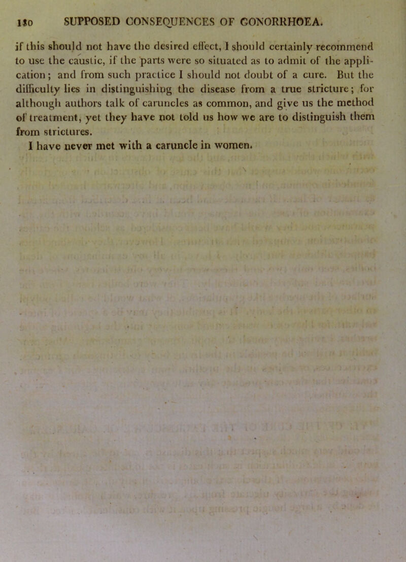 if this should not have the desired eflect, 1 should certainly recommend to use the caustic, if the parts were so situated as to admit of the appli- cation ; and from such practice 1 should not doubt of a cure. But the difficulty lies in distinguishing the disease from a true stricture; for although authors talk of caruncles as common, and give us the method of treatment, yet they have not told us how we are to distinguish them from strictures. I have never met with a caruncle in women.