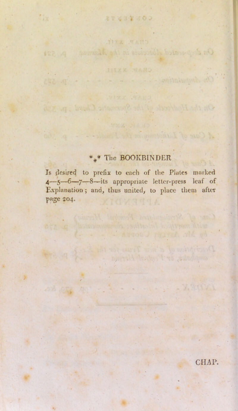 %* The BOOKBINDER Is flesired to prefix to each of the Plates marked 4—5—6—7—8—its appropriate letter-press leaf of Explanation; and, thus united, to place them after page 204. » • CHAP.