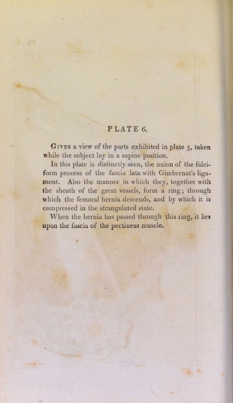 Gives a view of the parts exhibited in plate 5, taken while the subject lay in a supine position. In this plate is distinctly seen, the union of the falci- form process of the fascia lata with Gimbernat’s liga- ment. Also the manner in which they, together with the sheath of the great vessels, form a ring; through which the femoral hernia descends, and by which it is compressed in the strangulated state. When the hernia has passed through this ring, it lies upon the fascia of the pectineus muscle.