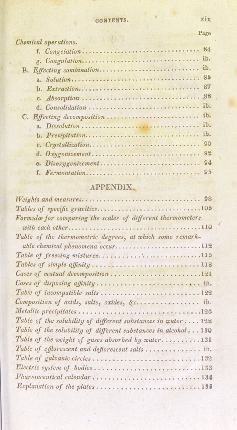 :S:ix Pago Chemical operations. '■ f. Congelation g. Coagulation B. Effecting combination , a. Solution b. Extraction • • c. Absorption d. Consolidation C. Effecting decomposition a. Dissolution b. Precipitation il** c. Crystallization 90 d. Oxygenizement 92 e. D is oxygenizement 94 f. Fermentation 95 APPENDIX.. Weights and measures 98 Tables of specific gravities 105 Formulae for comparing the scales of different thermometers with each other 110 Table of the thermometric degrees^ at which some remark- able chemical phenomena occur 112 Table of freezing mixtures. 115 Tables of simple affinity 118 Cases of mutual decomposition 121 Cases of disposing affinity ib. Table of incompatible salts 122 Composition of acids, salts, oxides, Sfc ib. Metallic precipitates 126 Table of the solubility of different substances in water .... 128 Table of the solubility of different substances in, alcohol, . . 130 Table of the weight of gases absorbed by water. 131 Table of effiorescent and defiorescent salts ib. Table of galvanic circles 132 Electric system of bodies 133 Pharmaceutical calendar 134 Explanation of the plates 131