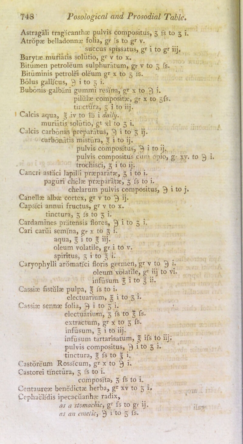 Astragali tragacanthae pulvis compositus, 5 fs to 5 i. Atropae belladonnx folia, gr [s to gr v. ‘ succus spissatus, gr i to gr iij. Barytae muriatls solutio, gr v to x. Bitumen petroleum sulphuriitum, gr v to 5 fs. Bituminis petrolei oleum gr x to 5 is. Bolus gallicus, 3 i to 5 >• Bubonis galbani gummi resTna,' gr x to 3 5- pilulae compositae, gr x to 5fs. tirctura, 5 i to iij. I Calcis aqua, 5 ,iv to llj i daily. muriatis solutio, gt xl to 5 i. : Calcis carbonas prcpariitus, 3 > to 5 ij. carboniitis mistura, ^ i to ij. pulvis composi'tus, 3 i to ij. pulvis compositus cum opio, gr xv. to 3 - trochisci, 3 i to ij. Cancri astaci lapilli prxparatie, 5 i to i. paguri chdae praeparatae, 3 fs to i. chelarum pulvis compositus, 3 i to j. Canellae albae cortex, g* v to 3 U* Capsici annui fructus, gr v to x. tinctura, 5 Is to 5 i. Cardamines pratensis florcs, 3 i to 5 i. Cari carui semma, gr x to 3 i. aqua, § i to g iij. _ oleum volatile, gr i to v. spiritus, 3 i to ^ i.’ Caryophylli aromatici floris germen, gi v to 3 oleum volatile, gr iij to vl. infusum ^ i to 3 ii. Cassiac fistulae pulpa, § fs to i. electuarium, | i to 5 i. Cassiac sennae folia, 3 i to 5 i. ,• electuarium, 5 fs to g fs. extractum, gr x to 5 fs. infusum, 5 i to iij. infusum tartarisatum, 3 ifs to iij; pulvis compositus, 3 ' to 5 i. tinctura, g fs to g i. Castoreum RossTcum, gr x to 3 Castorei tinctura, 5 fs to i- composita, 3 fs to i. Centaureae benedictae herba, gf xv to 5 i. Cephaelidis ipecacuanha radix, as a stomachic, g^ fs to gr ij. •ifj ^ rr