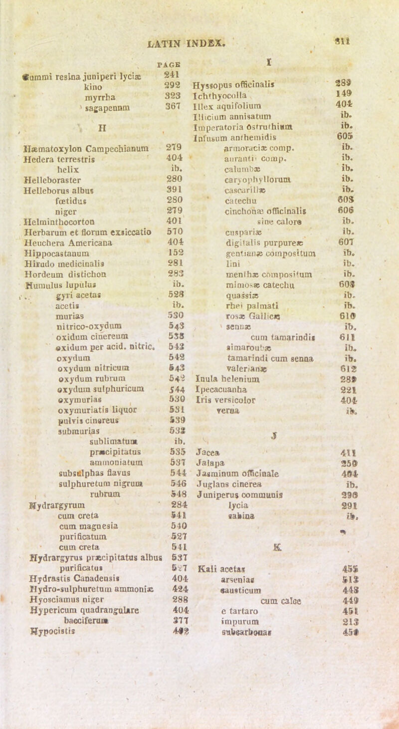 PAGE I Cammi resina juniper! lycis 841 kino 292 Hyssopus officinalis ■ 289 itiyrrha 323 Ichthyocolla 149 ' sasapeanm 367 lllex aqnifoliura 404 lllicium annisatiim ib. II Imperatoria Ostruihium ib. Infubum anthemidis 605 IlaematoxyloD Campccbianum 279 armoraeix comp. ib. Hedera tcrrestris 404 aiiranfi' comp. ib. helix ib. calumbx ib. Hellcboraster 280 caryophyllorum ib. Hellcborus albut 391 cascarilix ib. foetidus 280 catechu 603 nigcr 279 cinchonm officinalis 606 Helminthocorton 401 sine caloro ib. Herbarum et flonim exiiccatio 570 cusparix ib. Heuchera Americana 404 digitalis purpurex 607 Ilippocastanum 152 gentiaiix coinpositum ib. Hirudo medicinalis 281 lini ib. Hordeum distichon 283 menihx coinpositum ib. Muniulus lupulu* ib. miniosx catechu 60§ gyri acetas 528 quassix ib. acctis ib. rhei palmati ib. murias 530 rosx Gallicx 619 nitrico-oxydum 543 * seniix ib. oxidum ciriereutn 538 cum tamarindis 611 exidum per acid, nitric. 543 aimarout'X ib. oxydum 542 tamarindi cum senna ib. oxydum nitricuin 543 valenanx 612 oxydum rubrum 642 Inula helenium 289 oxydum sutphuricum 544 Ipecacuanha 221 oxyinurias ^ 530 Iris versicolor 404 oxymuriatis liquor 531 verna ib. pulvis cinareus 539 submurias 533 c sublimatum ib. pracipitatus 535 Jacea 411 aminoniatum 637 Jalapa 250 substipbas flavus 544 Jasminum officinale 404 sulphuretura nigrum 546 Juglans cinerea ib. , rubrum 548 Juniperus communis 390 Nydrargyrum 284 lycia 891 cum creta 541 sabina ib. cum magnesia 640 . purificatum 527 • cum creta 541 K Hydrargyrus prxcipitatus albus 637 purificatus 627 Kali acetas 45S Hydrastis Canadensis 404 arsenias 513 Hydro-sulphuretum ammoniac 424 •austicum 44S Hyosciamus niger 288 cum calce 449 Hypericum quadrangultre 404 c tartaro 451 baocifenim 377 impurum 213 Hypocistis 4«2 subsarbooas . ‘ 450