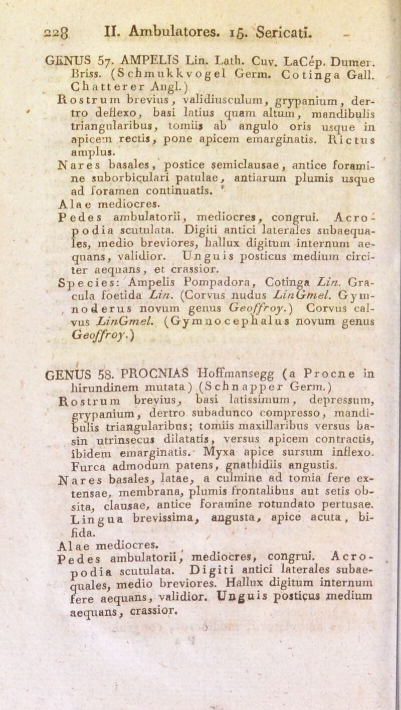 GENUS 57. AMPELTS Lin. I.aih. Cuv. LaCep. Dumer. Briss. (Schmukkvogel Germ. Cotinga Gail. Chatterer Angl.) Rostrum brevius, validiuseulum, grypanium, der- tro deflexo, basi lntius quam ahum, mandibulis triangularibus, tomiij ab angulo oris usque in apicem rectis, pone apicem emarginatis. Rictus amplus. Nares basales, postice semiclausae, antice forami- ne suborbiculari patulae, antiarum plumis usque ad foramen continuatis. * Alae mediocres. Pedes ambulatorii, mediocres, congrui. Acro- podia scutulata. Digiti antici laterales subaequa- les, medio breviores, ballux digitum internum ae- quans, validior. Unguis posticus medium circi- ter aequans, et crassior. Species: Ampelis Pompadora, Cotinga Lin. Gra- cula foetida Lin. (Corvus nudus LiriGmel. Gym- , noderus novum genus Geoffroy.) Corvus cal- vus LiriGmel. (Gymuo cephalus novum genus Geoffroy.) GENUS 58. PROCNIAS Hoffmansegg (a Procne in hirundinem mutata) (Schnapper Germ.) Rostrum brevius, basi latissimum, depressum, frypanium, dertro subadunco compresso, mandi- ulis triangularibus; tomiis maxillaribus versus ba- sin utrinsecus dilatatis, versus apicem contractis, ibidem emarginatis. Myxa apice sursum inflexo. Furca admodum patens, gnathidiis angustis. Nares basales, latae, a culmine ad tomia fere ex- tensae, membrana, plumis frontalibus aut setis ob- sita, clausae, antice foramine rotundato pertusae. Lingua brevissima, angusta, apice acuta, bi- fida. Alae mediocres. Pedes ambulatorii, mediocres, congrui. Acro- podia scutulata. Digiti antici laterales subae- quales, medio breviores. Hallux digitum internum fere aequans, validior. Unguis posticus medium aequans, crassior.