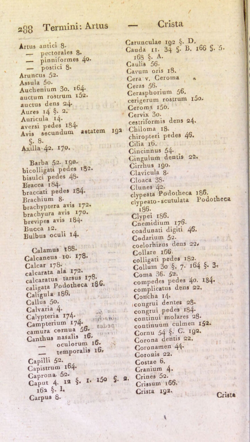238 Termini: Artus Artus antici 8- pectorales 8. pinnitormes 4°* postici 8- Aruncus 52. Assula 5o. Aucbenium 3o. »64* auctum rostrum i52. auctus dens 24« Aures i4 §• 2. Auricula i4* aversi pedes i84' Avis secundum aetatem iga §. 8. Axilla 42. 170. Barba 52- igo- bicolligat/i pedes 182- bisulci pedes 48- Bracca i84- braccati pedes i84> Bracliium 8- . bracbyptera avis 172. bracbyura avis 170. brevipes avis 184- Bucca 12. ' , Bulbus oculi 14. Calamus l88- Calcaneus 10. 178* Calcar 178* calcarata ala 172. calcaratus tarsus 178. cali-ata Podotheca 18&. CalTgula x86. Callus 5o. Calvaria 4. Calypteria 174- Camptenum 174. e,jlj9a camura cernua jG. Canthus nasalis IÖ. oculorum 10- temporalis l6* Capilli 52. Capistrum io-p »§• - *■ 16a §• Carpus 8* — Crista Carunculae 192 §• D. Cauda ii. 34 §• B- 166 §• 5- 163 §• A. Caulis 56- Cavum oris 18. Cera v. Ceroina * Ceras 56- Cerasphorium 56. cerigerum rostrum l5o. Ceroma i5o. Cervix 3o. cestriformis dens 24. Cbiloma 18- chiropteri pedes 46. Cilia l6. Cincinnus 54- Cingulum dentis 22« Cirrhus 190. Clavicula 8- Cloaca 38- Clunes 42. clypeata Podotbeca 186. clypeato-scutulata Podotneca 186. Clypei 186. Cnemidium 176- coadunati digiti 46. Codarium 52. coelorhizus dens 22* Collare iGS- colügati pedes 182. Collum 3o §. 7- l64 §* 3’ Coma 36. 52. compedes pedes 40. 184* complicatus dens 22, Concha 14. icongrui dentes 28* congrui pedes 184* continui molares 28- continuum culmen 152. Cornu 54 ‘Ö2* Corona dentis 22. Coronamen 44* Coronis 22. Costae 6. Cranium 4* 3, Crines 52. Crissum 1G6. C,i.» IS2- , Cl;„, V