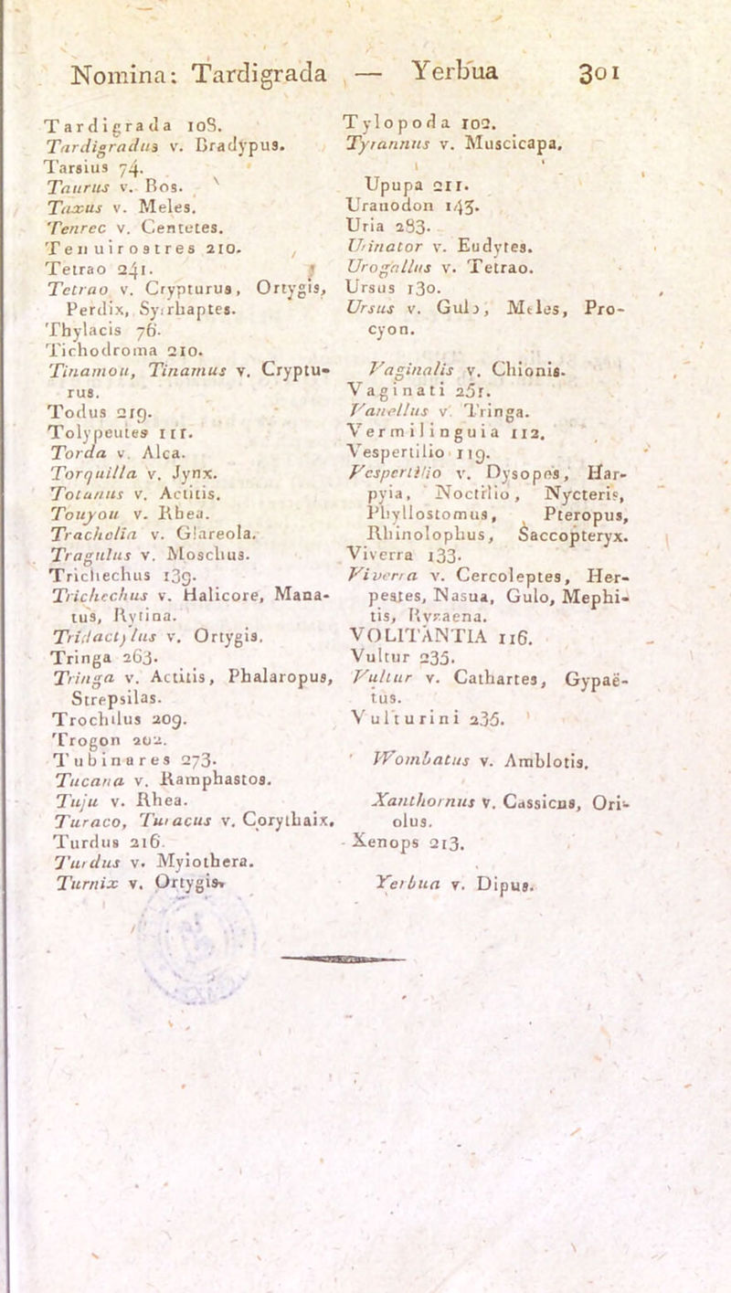 Nomina: Tardigrada Tardigrada 10S. Ttirdigraäua v. Dradypus. Tarsius 74. Taurus v. Bos. x Taxus v. Meies. Tenrcc v. Gentetes. Teiiuirostres 210. Tetrao 241- J Telrao v. Crypturus, Ortygis, Perdix, Syirliaptes. Thylacis 76'- Tichodroma qio. Tinamou, Tinamus v. Cryptu- rus. Todus 219. Tolypeutes itr. Torda v. Alca. Torquilla v. Jynx. Totanus v. Aciitis. Touyoii v. Rbea. Tracholia v. Glareola. Tragulus v. Mosclius. Tricliechus i3g. Trichcchus v. Halicore, Mana- tus, Rytina. Tridact) las v. Ortygis. Tringa 263. Trittga v. Actitis, Phalaropus, Strepsilas. Trochdus 209. Trogon 202. Tubinares 273* Tucana v. Ramphastos. Tuju v. Rhea. Turaco, Tuiacus v. Cprylbaix, Turdus 2i6. Turdus v. Myiotbera. Turnix v. Ortygis» — Yerbua 301 Tylo p o d a XOQ. Tyramins v. Muscicapa, 1 1 Upupa 2ir. Uratiodon 143. Uria 233- Urinator v. Eudytes. Uroga Iltis v. Tetrao. Ursus r3°- Ursus v. Gulr, Mtles, Pro- cyon. Vaginalis v. Chionis. V a g i n a t i z5 r. Var fall us v Tringa. Vermilinguia 112. Vespertilio ng. VcspcriHio v. Dysopes, Har- pyia, Noctrlio, Nycteri«, Pbyllostomus, Pteropus, Rliinolophus, Saccopteryx. Viverra 133. Vivcrra v. Cercoleptes, Her- peyes, Nasua, Gulo, Mephi- tis, Rvzaena. VOLITÄNTLA 116. Vultur 235- Vuliur v. Cathartes, Gypae- tus. V u 1t u ri n i 235. ' Wombatus v. Amblotis. Xanthomas v. Cassicas, Ori- olus. Xenops 213. Yerbua y. Dipus.