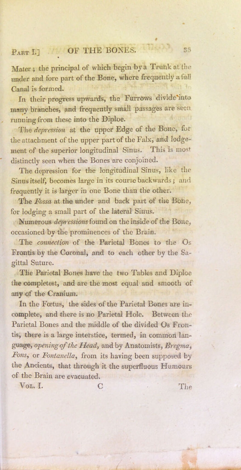 Mater ; tlie principal of which begin by a Trunk at the under and fore part of the Bone, where frequently a full Canal is formed. • ' In their progress upwards, the Furrows divide'into many branches, and frequently small passages are seen running from these into the Oiploe. The dcpressimi at the upper Edge of the Bone, for the attachment of the upper part of the Falx, and lodge- ment of the superior longitudinal Sinus. This is most distinctly seen when the Bones are conjoined. The depression for the longitudinal Sinus, like the Sinus itself, becomes large in its coiu’se backwards j and frequently it is larger in one Bone than the other. The Fossa at the under and back part of the Bbhe, for lodging a small part of the lateral Sinus. Numerous dejn essions found on the inside of the Bone, occasioned by the prominences of the Brain. The connection of the Parietal Bones to the Os Fronds by the Coronal, and to each other by the Sa- gittal Suture. The Parietal Bones have the two Tables and Diploe the completest, and are the most equal and smooth of any of the Cranium. In the Foetus, the sides of the Parietal Bones are in- complete, and there is no Parietal Hole. Between the Parietal Bones and the middle of the divided Os Fron- tis, there is a large interstice, termed, in common lan- guage, o'peningqf the Head, and by Anatomists, Bregma, Foils, or Fontanella, from its having been supposed by the Ancients, that through it the superfluous Humours of the Brain are evacuated.