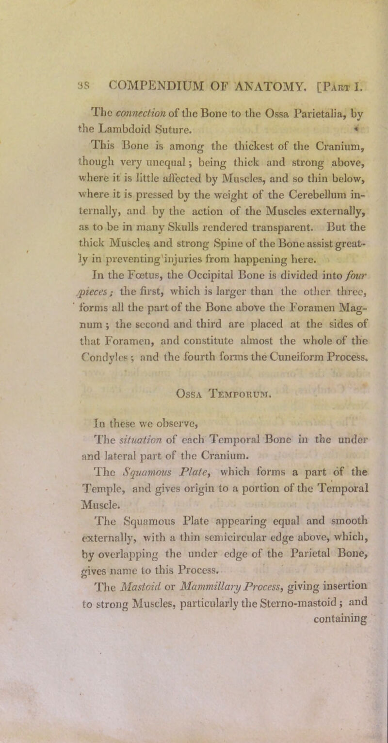 The connection oi tlicBone to the Ossa Parietalia, by the Lambcloid Suture. This Bone is among the thickest of the Cranium, though very unequal *, being thick and strong above, where it is little alicctcd by Muscles, and so thin below, where it is pressed by the weight of the Cerebellum in- ternally, and by the action of the Muscles externally, as to be in many Skulls rendered transparent. But the tliick Muscles and strong Spine of the Bone assist great- ly in proventing'iujuries from happening here. In the Foetus, the Occipital Bone is divided into four .pieces; the first, which is larger than the other three, forms all the part of the Bone above the Foramen Mag- num ; the second and third are placed at the sides of that Foramen, and constitute almost the whole of the Condvles ; and the fourth forms the Cuneiform Process. Ossa Temporum. In these we observe. The situation of each Temporal Bone in the under and lateral part of the Cranium. Tlie Squanums Plate^ which forms a part of the Temple, and gives origin to a portion of the Temporal Muscle. The Squamous Plate appearing equal and smooth externally, with a ihin semicircular edge above, which, by overlapping the under edge of the Parietal Bone, irives name to this Process. The Mastoid or Mammillary Process, giving insertion to strong Muscles, particularly the Sterno-mastoid; and containing