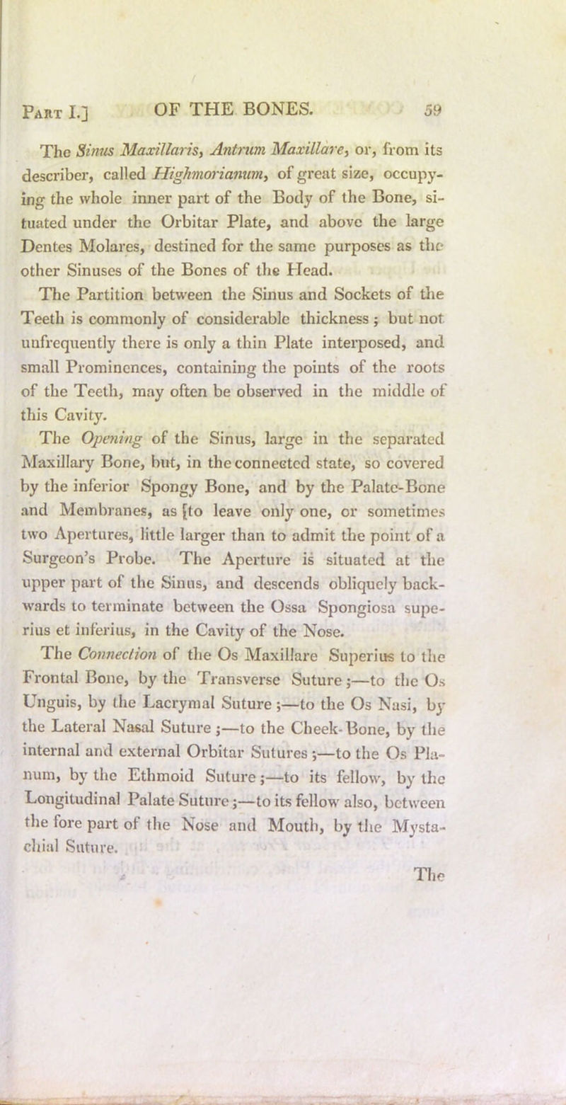/ Part L] OF THE BONES. 59 The Sinm Maxillaris, Antncm MaxillarCi or, from its describe!’, called Highmoriaminii of great size, occupy- ing the whole inner part of the Body of the Bone, si- tuated under the Orbitar Plate, and above the large Dentes Molares, destined for the same purposes as the other Sinuses of the Bones of the Plead. The Partition between the Sinus and Sockets of tlie Teeth is commonly of considerable thickness ; but not unfrequently there is only a thin Plate interposed, and small Prominences, containing the points of the roots of the Teeth, may often be observed in the middle of this Cavity. The Opening of the Sinus, large in the separated Maxillary Bone, but, in the connected state, so covered by the inferior Spongy Bone, and by the Palate-Bone and Membranes, as [to leave only one, or sometimes two Apertures, little larger than to admit the point of a Surgeon’s Probe. The Aperture is situated at the upper part of the Sinus, and descends obliquely back- wards to terminate between the Ossa Spongiosa supe- rius et inferius, in the Cavity of the Nose. The Connection of the Os Maxillare Superius to the Frontal Bone, by the Transverse Suture;—to the Os Unguis, by the Lacrymal Suture;—to the Os Nasi, by the Lateral Nasal Suture j—to the Cheek-Bone, by the internal and external Orbitar Sutures ;—to the Os Pla- num, by the Ethmoid Suture;—to its fellow, by the Longitudinal Palate Suture;—to its fellow also, between the fore part of the Nose and Mouth, by the Mysta- chial Suture.