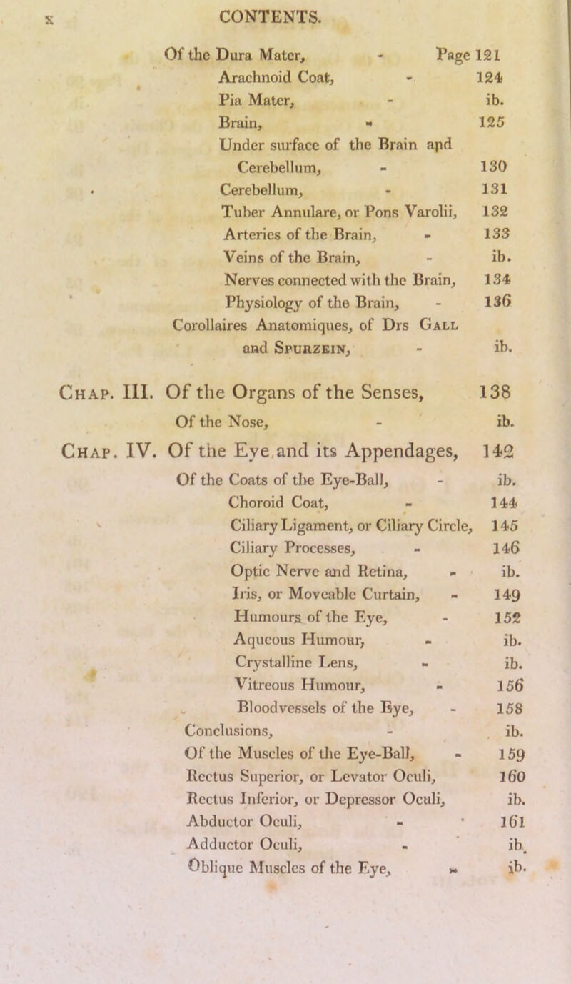 Of the Dura Mater, - 121 Arachnoid Coat, 124 Pia Mater, ib. • Brain, Under surface of the Brain apd 125 Cerebellum, 130 . Cerebellum, 131 Tuber Annulare, or Pons Varolii, 132 Arteries of the Brain, 133 Veins of the Brain, ib. Nerv'es connected with the Brain, 134 % Physiology of the Brain, 136 Corollaires Anatomiques, of Drs Gall and SpunzEiN, ib. Chap. 111. Of the Organs of the Senses, 138 Of the Nose, ib. Chap. IV. Of the Eye,and its Appendages, 142 Of the Coats of tl>e Eye-Ball, ib. Choroid Coat, 144 N Ciliary Ligament, or Ciliary Circle, 145 Ciliary Processes, 146 Optic Nerve and Retina, ib. Iris, or Moveable Curtain, 149 Humours of the Eye, 152 Aqueous Humour, ib. * Crystalline Lens, ib. Vitreous Humour, i 156 ^ Bloodvessels of the Bye, 158 Conclusions, ib. Of the Muscles of the Eye-Ball, 159 Rectus Superior, or Levator Oculi, 160 Rectus Inferior, or Depressor Oculi, ib. Abductor Oculi, 161 Adductor Oculi, ib. Oblique Muscles of the Eye, h ih.