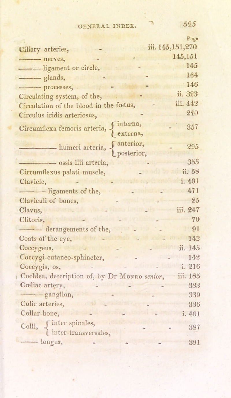 Ciliary arteries, nerves, ligament or circle, glands, processes, Circulating system, of the. Circulation of the blood in the foetus, Circulus iridis arteriosus, Circumflexa femoris arteria, externa, , • i • r anterior, ■ — —■ humeri arteria, , ’ (^posterior, ossis ilii arteria, Circumflexus palati muscle, Clavicle, _ _ . ligaments of the, Claviculi of bones, Clavus, - - Clitoris, - _ _ derangements of the, Coats of the eye, - Coccygeus, - Coccygi-cutaneo-sphincter, Coccygis, os, - - - I Cochlea, description of, by Dr Monro senior, Cceliac artery, - ganglion. Colic arteries, Collar-bone, - - _ Colli J inter spinales, t inter transversales, longus, - - _ Page iii. 145,151,270 145,151 145 lfi4 146 ii. 323 iii. 442 270 357 295 355 ii. 5S i. 401 471 25 iii. 247 70 91 142 ii. 145 142 i. 216 iii. 185 333 339 336 i. 401 387 391