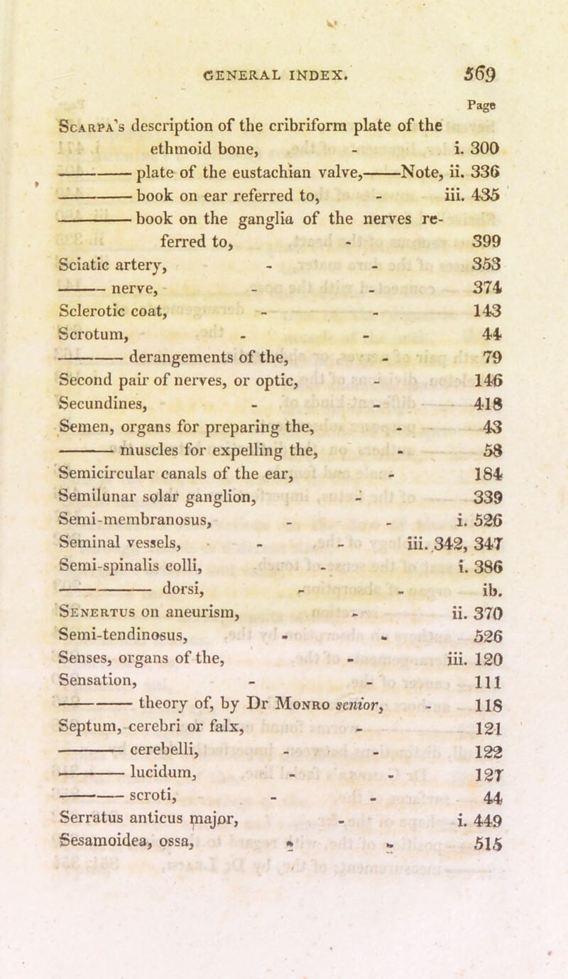 Page Scarpa’s description of the cribriform plate of the ethmoid bone, - i. 300 plate of the eustachian valve, Note, ii. 336 book on ear referred to, - iii. 435 book on the ganglia of the nerves re- ferred to, Sciatic artery, nerve, - Sclerotic coat. Scrotum, derangements of the. Second pair of nerves, or optic, Secundines, Semen, organs for preparing the, muscles for expelling the. Semicircular canals of the ear. Semilunar solar ganglion. Semi-membran osus, Seminal vessels, Semi-spinalis colli, • dorsi, Senertus on aneurism, Semi-tendinosus, Senses, organs of the. Sensation, theory of, by Dr Monro senior, Septum, cerebri or falx, cerebelli, lucidum, scroti, Serratus anticus major, Sesamoidea, ossa, » 399 353 374 143 44 79 146 418 43 58 184 339 i. 526 iii. .342, 347 i. 386 ib. ii. 370 526 iii. 120 111 118 121 122 127 44 i. 449 515