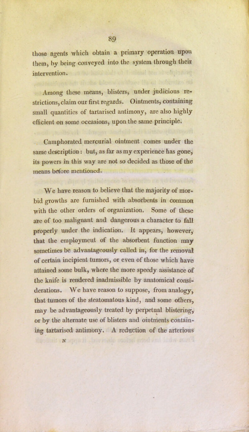 those asrents which obtain a primary operation upon them, by being conveyed into the system through their intervention. ‘ . Among these means, blisters, under judicious re- strictions, claim our first regards. Ointments, containing small quantities of tartarised antimony, are also highly e/Ecient on some occasions, upon the same principle. Camphorated mercurial ointment comes under the same description; but, as far as my experience has gone, its powers in this way are not so decided as those of the means before mentioned. We have reason to believe that the majority of mor- bid growths are furnished with absorbents in common with the other orders of organization. Some of these are of too malignant and dangerous a character to fall properly under the indication. It appears, however, that the employment of the absorbent function may sometimes be advantageously called in, for the removal of certain incipient tumors, or even of those which have attained some bulk, where the more speedy assistance of the knife is rendered inadmissible by anatomical consi- derations. We have reason to suppose, from analogy, that tumors of the steatomatous kind, and some others, may be advantageously treated by perpetual blistering, or by the alternate use of blisters and ointments contain- ing tartarised antimony. A reduction of the arterious N