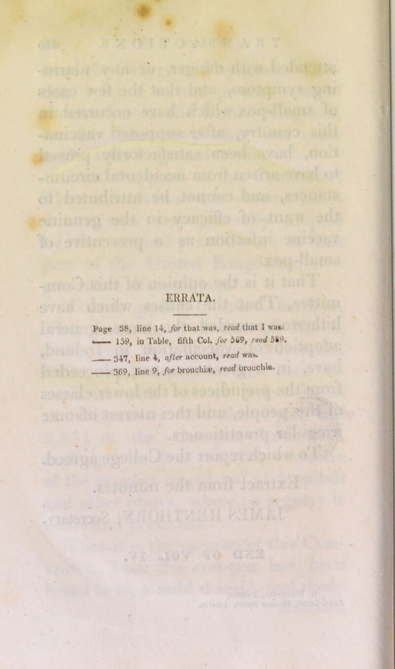 KRRATA. Page 38, line 14, for that was, read that 1 was. — 169, iu Table, fifth Col. for 6w9, read 5*9. 347, line 4, after account, read wn>. 309^ line 9, for bronchia', read bronchia.