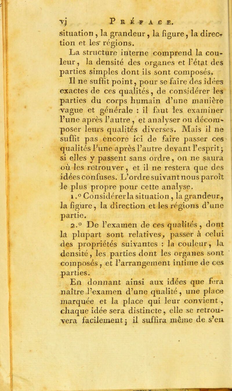 vj Préface. situation , la grandeur, la figure, la direc-r tion et les' régions. La structure interne comprend la cou- leur, la densité des organes et Fétat des parties simples dont ils sont composés. Il ne suffit point, pour se faire des idées exactes de ces qualités, de considérer les parties du corps humain d’une manière vague et générale : il faut les examiner l’une après l’autre , et analyser ou décora** poser leurs qualités diverses. Mais il ne suffit pas encore ici de faire passer ces qualités l’une après l’autre devant l’esprit; si elles y passent sans ordre, on ne saura où les retrouver, et il ne restera que des idées confuses. L’ordre suivant nous paroît le plus propre pour cette analyse. 1.° Considérerla situation , la grandeur,, la figure, la direction et les régions d’une partie. 2.0 De l’examen de ces qualités, dont la plupart sont relatives^ passer à celui des propriétés suivantes : la couleur, la densité, les parties dont les organes sont composés , et l’arrangement intime de ces parties. En donnant ainsi aux idées que fera naître l’examen d’une qualité, une place marquée et la place qui leur convient , chaque idée sera distincte, elle se retrou- vera facilement j il suffira même de s’en