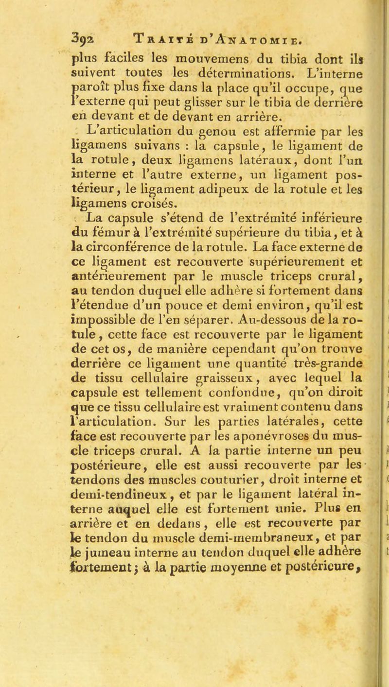 plus faciles les mouvemens du tibia dont ils suivent toutes les déterminations. L’interne paroît plus fixe dans la place qu’il occupe, que l’externe qui peut glisser sur le tibia de derrière en devant et de devant en arrière. L’articulation du genou est affermie par les ligamens suivans : la capsule, le ligament de la rotule, deux ligamens latéraux, dont l’un interne et l’autre externe, un ligament pos- térieur, le ligament adipeux de la rotule et les ligamens croisés. La capsule s’étend de l’extrémité inférieure du fémur à l’extrémité supérieure du tibia, et à la circonférence de la rotule. La face externe de ce ligament est recouverte supérieurement et antérieurement par le muscle triceps crural, au tendon duquel elle adhère si fortement dans l’étendue d’un pouce et demi environ, qu’il est impossible de l’en séparer. Au-dessous de la ro- tule , cette face est recouverte par le ligament de cet os, de manière cependant qu’on trouve derrière ce ligament une quantité très-grande de tissu cellulaire graisseux, avec lequel la capsule est tellement confondue, qu’on diroit que ce tissu cellulaire est vraiment contenu dans l’articulation. Sur les parties latérales, cette face est recouverte par les aponévroses du mus- cle triceps crural. A la partie interne un peu 1 postérieure, elle est aussi recouverte par les t tendons des muscles couturier, droit interne et demi-tendineux, et par le ligament latéral in- terne auquel elle est fortement unie. Plus en arrière et en dedans, elle est recouverte par le tendon du muscle demi-membraneux, et par le jumeau interne au tendon duquel elle adhère fortement; à la partie moyenne et postérieure,