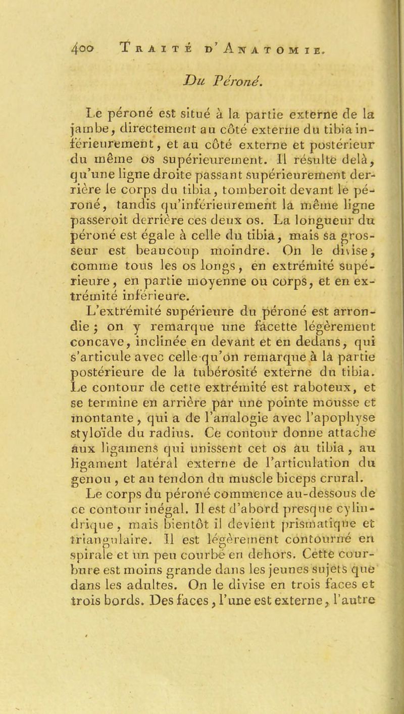TJu Péroné. Le péroné est situé à la partie externe de la jambe, directement au côté externe du tibia in- férieurement, et au côté externe et postérieur du même os supérieurement. Il résulte delà, qu’une ligne droite passant supérieurement der- rière le corps du tibia, tomberoit devant le pé- roné, tandis qu’inférieur ement la même ligne passeroit derrière ces deux os. La longueur du péroné est égale à celle du tibia, mais sa gros- seur est beaucoup moindre. On le diwse, comme tous les os longs, en extrémité supé- rieure, en partie moyenne ou corps, et en ex- trémité inférieure. L’extrémité supérieure du péroné est arron- die j on y remarque une facette légèrement concave, inclinée en devant et en dedans, qui s’articule avec celle qu’on remarque à la partie postérieure de la tidrérosité externe dn tibia. Le contour de cette extrémité est raboteux, et se termine en arrière par une pointe mousse et montante, qui a de l’analogie avec l’apophyse styloïde du radius. Ce contour donne attache aux ligamens qui unissent cet os au tibia, au ligament latéral externe de l’articulation du genou , et au tendon du muscle biceps crural. Le corps du péroné commence au-dessous de ce contour inégal. Il est d’abord presque cylin- drique, mais bientôt il devient prismatique et triangulaire. Il est légèrement contourné ert spirale et un peu courbe en dehors. Cette cour- bure est moins grande dans les jeunes sujets que dans les adultes. On le divise en trois faces et trois bords. Des faces, l’une est externe, l’autre