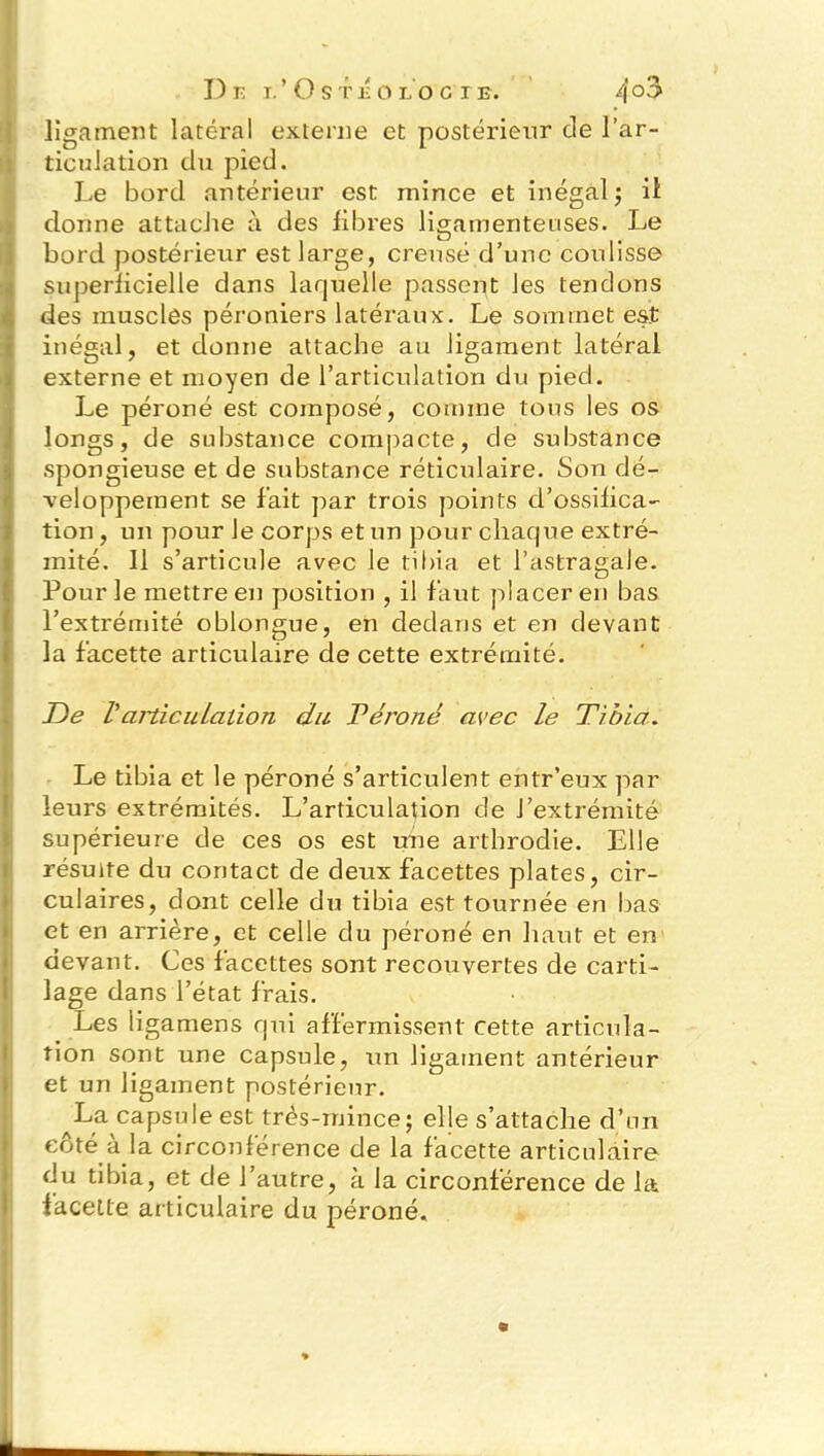 ligament latéral externe et postérieur de l’ar- ticulation du pied. Le bord antérieur est mince et inégal ; il donne attache à des libres ligamenteuses. Le bord postérieur est large, creusé d’une coulisse superlicielle dans laquelle passent les tendons des muscles péroniers latéraux. Le sommet est inégal, et donne attache au ligament latéral externe et moyen de l’articulation du pied. Le péroné est composé, comme tous les os longs, de substance compacte, de substance spongieuse et de substance réticulaire. Son dé- veloppement se fait par trois points d’ossifica- tion , un pour le corps et un pour chaque extré- mité. Il s’articule avec le tibia et l’astragale. Pour le mettre en position , il faut placer en bas l’extrémité oblongue, en dedans et en devant la facette articulaire de cette extrémité. De l'articulation du Vérone avec le Tibia. Le tibia et le péroné s’articulent entr’eux par leurs extrémités. L’articulation de l’extrémité supérieure de ces os est une arthrodie. Elle résulte du contact de deux facettes plates, cir- culaires, dont celle du tibia est tournée en bas et en arrière, et celle du péroné en haut et en devant. Ces facettes sont recouvertes de carti- lage dans l’état frais. Les ligamens qui affermissent cette articula- tion sont une capsule, un ligament antérieur et un ligament postérieur. La capsule est très-mince; el|e s’attache d’un côté à la circonférence de la facette articulaire du tibia, et de l’autre, à la circonférence de la facette articulaire du péroné, »