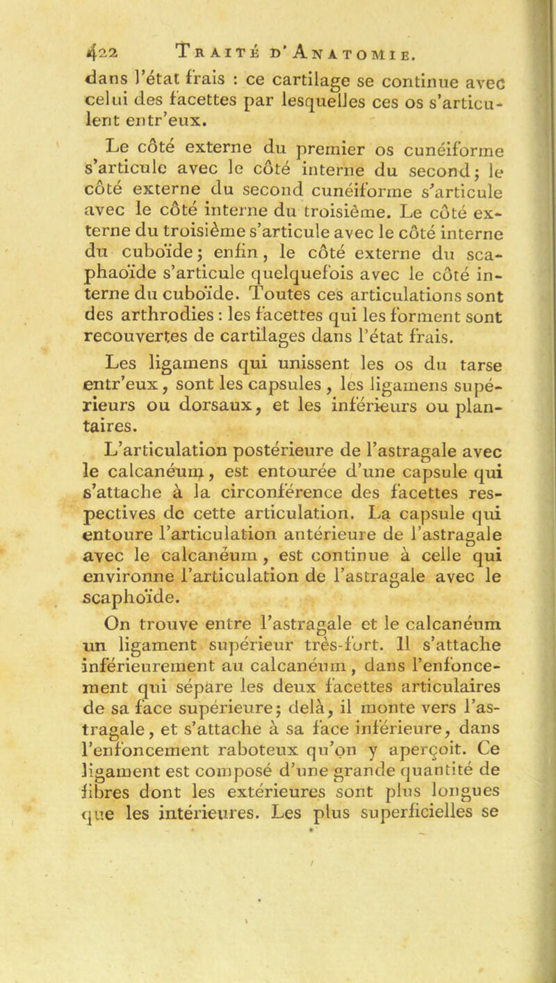 dans l’etat frais : ce cartilage se continue avec celui des facettes par lesquelles ces os s’articu- lent entr’eux. Le côté externe du premier os cunéiforme s’articule avec le côté interne du second; le cote externe du second cunéiforme s'articule avec le côté interne du troisième. Le côté ex- terne du troisième s’articule avec le côté interne du cuboïde ; enfin, le côté externe du sca- phaoïde s’articule quelquefois avec le côté in- terne du cuboïde. Toutes ces articulations sont des arthrodies : les facettes qui les forment sont recouvertes de cartilages dans l’état frais. Les ligamens qui unissent les os du tarse entr’eux, sont les capsules , les ligamens supé- rieurs ou dorsaux, et les inférieurs ou plan- taires. L’articulation postérieure de l’astragale avec le calcanéum, est entourée d’une capsule qui s’attache à la circonférence des facettes res- pectives de cette articulation. La capsule qui entoure l’articulation antérieure de l’astragale avec le calcanéum, est continue à celle qui environne l’articulation de l’astragale avec le scaphoïde. On trouve entre l’astragale et le calcanéum un ligament supérieur très-fort. 11 s’attache inférieurement au calcanéum , dans l’enfonce- ment qui sépare les deux facettes articulaires de sa face supérieure; delà, il monte vers l’as- tragale, et s’attache à sa face inférieure, dans l’enfoncement raboteux qu’on y aperçoit. Ce ligament est composé d’une grande quantité de fibres dont les extérieures sont plus longues que les intérieures. Les plus superficielles se