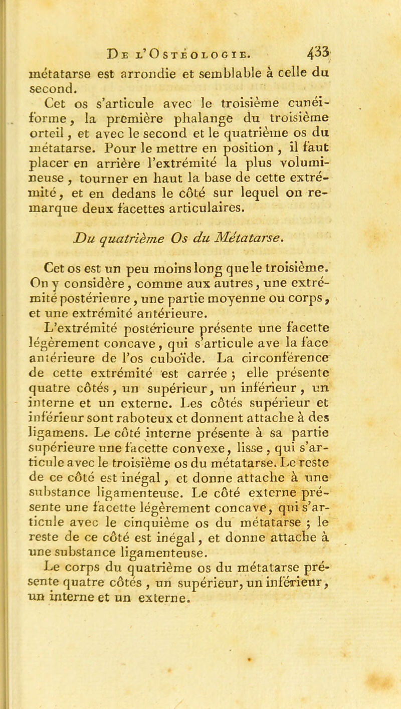 métatarse est arrondie et semblable à celle du second. Cet os s’articule avec le troisième cunéi- forme , la première phalange du troisième orteil, et avec le second et le quatrième os du métatarse. Pour le mettre en position , il faut placer en arrière l’extrémité la plus volumi- neuse , tourner en haut la base de cette extré- mité, et en dedans le côté sur lequel on re- marque deux facettes articulaires. Du quatrième Os du Métatarse. Cet os est un peu moins long que le troisième. On y considère, comme aux autres, une extré- mité postérieure , une partie moyenne ou corps, et une extrémité antérieure. L’extrémité postérieure présente une facette légèrement concave, qui s’articule ave la face antérieure de l’os cuboïde. La circonférence de cette extrémité est carrée $ elle présente quatre côtés, un supérieur, un inférieur, un interne et un externe. Les côtés supérieur et inférieur sont raboteux et donnent attache à des ligamens. Le côté interne présente à sa partie supérieure une facette convexe, lisse , qui s’ar- ticule avec le troisième os du métatarse. Le reste de ce côté est inégal, et donne attache à une substance ligamenteuse. Le côté externe pré- sente une facette légèrement concave, qui s’ar- ticule avec le cinquième os du métatarse ; le reste de ce côté est inégal, et donne attache à une substance ligamenteuse. Le corps du quatrième os du métatarse pré- sente quatre côtés , un supérieur, un inférieur, un interne et un externe.