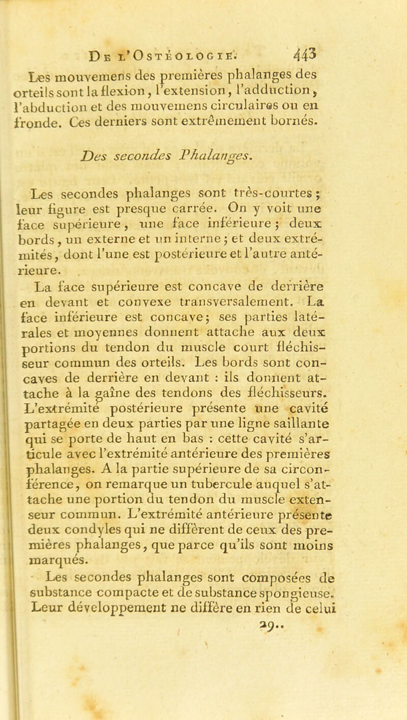 Les mouvemens des premières phalanges des orteils sont la flexion , l’extension, 1 adduction , l’abduction et des mouvemens circulaires ou en fronde. Ces derniers sont extrêmement bornés. jDes secondes Phalanges. Les secondes phalanges sont très-courtes ; leur figure est presque carrée. On y voit une face supérieure, une face inférieure ; deux: bords , un externe et un interne ; et deux extré- mités, dont l’une est postérieure et l’autre anté- rieure. La face supérieure est concave de derrière en devant et convexe transversalement. La face inférieure est concave ; ses parties laté- rales et moyennes donnent attache aux deux portions du tendon du muscle court fléchis- seur commun des orteils. Les bords sont con- caves de derrière en devant : ils donnent at- tache à la gaine des tendons des fléchisseurs. L’extrémité postérieure présente une cavité partagée en deux parties par une ligne saillante qui se porte de haut en bas : cette cavité s’ar- ticule avec l’extrémité antérieure des premières phalanges. A la partie supérieure de sa circon- férence, on remarque un tubercule auquel s’at- tache une portion du tendon du muscle exten- seur commun. L’extrémité antérieure présente deux condyles qui ne diffèrent de ceux des pre- mières phalanges, que parce qu’ils sont moins marqués. Les secondes phalanges sont composées de substance compacte et de substance spongieuse. Leur développement ne diffère en rien de celui 29..