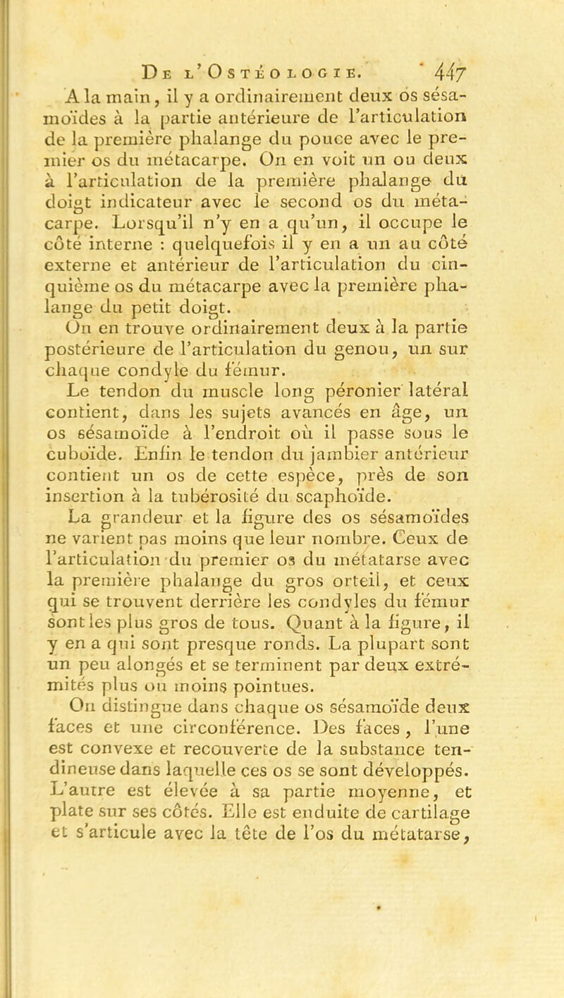 De i’Ostïologie. ' 44? A la main, il y a ordinairement deux os sésa- moïdes à la partie antérieure de l’articvdation de la première phalange du pouce avec le pre- mier os du métacarpe. On en voit un ou deux à l’articulation de la première phalange du doigt indicateur avec le second os du méta- carpe. Lorsqu’il n’y en a qu’un, il occupe le côté interne : quelquefois il y en a un au côté externe et antérieur de l’articulation du cin- quième os du métacarpe avec la première pha- lange du petit doigt. On en trouve ordinairement deux à la partie postérieure de l’articulation du genou, un sur chaque condyle du fémur. Le tendon du muscle long péronier latéral contient, dans les sujets avancés en âge, un os 6esatnoïde à l’endroit où il passe sous le cuboïde. Enfin le tendon du jambier antérieur contient un os de cette espèce, près de son insertion à la tubérosité du scaphoïde. La grandeur et la figure des os sésamoïdes ne varient pas moins que leur nombre. Ceux de l’articulation du premier 03 du métatarse avec la première phalange du gros orteil, et ceux qui se trouvent derrière les condyles du fémur sont les plus gros de tous. Quant à la figure, il y en a qui sont presque ronds. La plupart sont un peu alongés et se terminent par deux extré- mités plus ou moins pointues. On distingue dans chaque os sésamoïde deux faces et une circonférence. Des faces , l’une est convexe et recouverte de la substance ten- dineuse dans laquelle ces os se sont développés. L’autre est élevée à sa partie moyenne, et plate sur ses côtés. Elle est enduite de cartilage et s’articule avec la tête de l’os du métatarse,