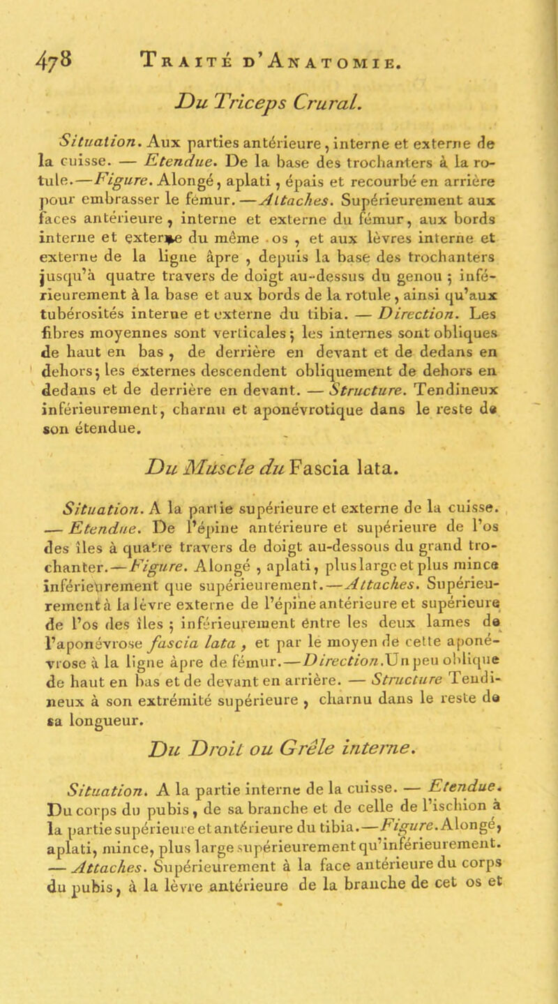 Du Triceps Crural. Situation. Aux parties antérieure , interne et externe de la cuisse. — Etendue. De la base des trochanters à la ro- tule.—Figure. Alongé, aplati, épais et recourbé en arrière jiour embrasser le fémur. —Attaches. Supérieurement aux faces antérieure J interne et externe du fémur, aux bords interne et çxten^e du même os , et aux lèvres interne et externe de la ligne âpre , depuis la base des trochanters juscpi’à quatre travers de doigt au-dessus du genou 5 infé- rieurement à la base et aux bords de la rotule , ainsi qu’aux tubérosités interne et externe du tibia. — Direction. Les libres moyennes sont verticales 5 les internes sont obliques de haut en bas , de derrière en devant et de dedans en dehors J les externes descendent obliquement de dehors en dedans et de derrière en devant. — Structure. Tendineux inférieurement, charnu et aponévrotique dans le reste de son étendue. Du Muscle du Fascia lata. Situation. A la partie supérieure et externe de la cuisse. — Etendue. De l’épine antérieure et supérieure de l’os des îles à quatre travers de doigt au-dessous du grand tro- chanter.— Figure. Alongé , aplati, plus large et plus mince inférieurement cjue supérieurement.—Attaches. Supérieu- rement à la lèvre externe de l’épine antérieure et supérieure de l’os des îles ; inférieurement éntre les deux lames de l’aponévrose fascia lata , et par le moyen de celte aponé- vrose à la ligne âpre de fémur.—D/rccZ/o/z.Un peu oblique de haut en bas et de devant en arrière. — Structure Tendi- neux à son extrémité supérieure , charnu dans le reste da sa longueur. Du Droit ou Grêle interne. Situation. A la partie interne de la cuisse. — Etendue. Du corps du pubis, de sa branche et de celle de l’ischion à la partie supérieure et antérieure du tibia.—/^/.^nre.Alonge, aplati, mince, plus large supérieurement qu’inférieurement. — Attaches. Supérieurement à la face antérieure du corps du pubis, à la lèvre antérieure de la branche de cet os et