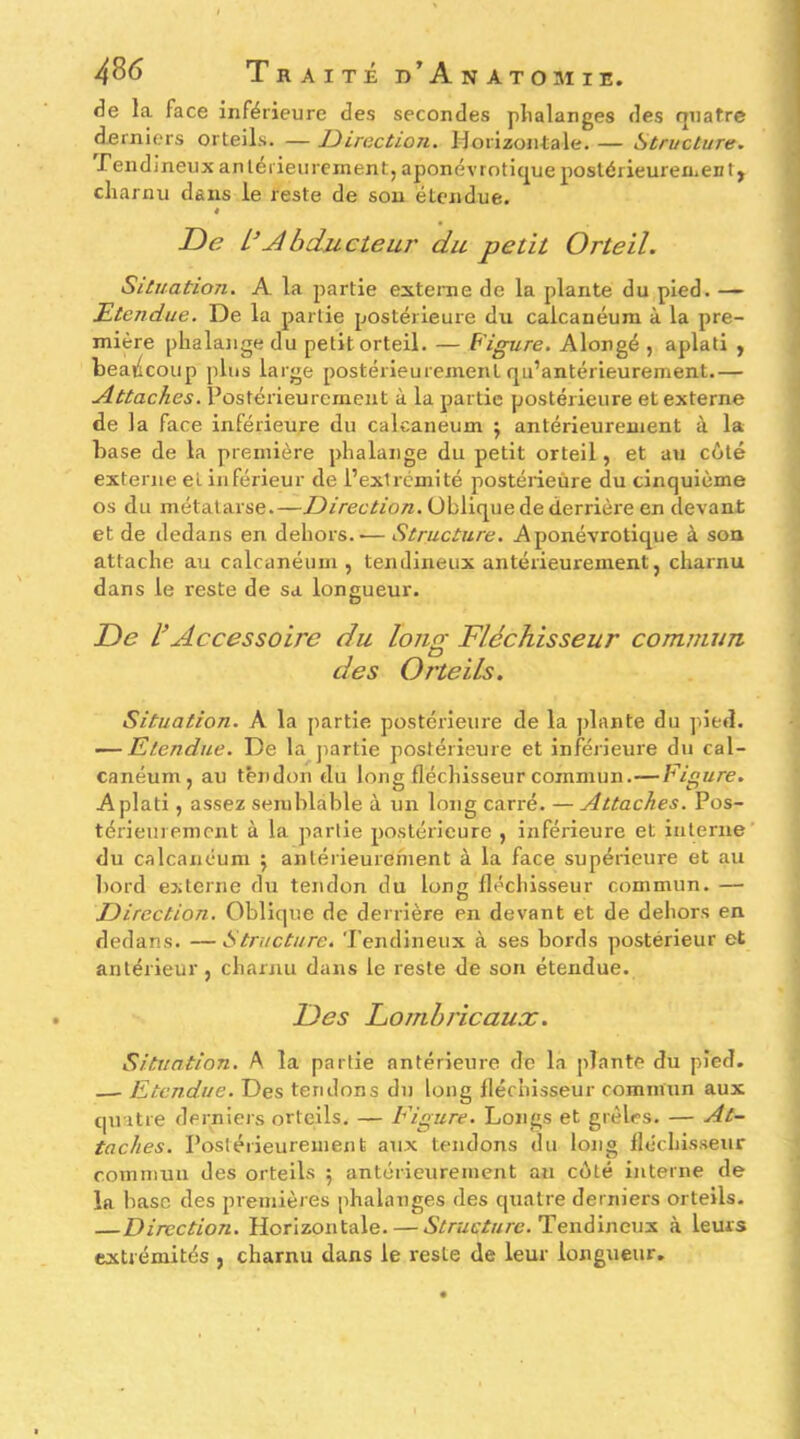 de la face inférieure des secondes phalanges des quatre derniers orteils. — JJirection. Horizontale. — Structure. Tendineux antérieurement, aponévrntique poslérieuren*en t j charnu dans le reste de sou étendue. « De L’Jbducteur du petit Orteil. Situation. A la partie externe de la plante du pied. — étendue. De la partie postérieure du calcanéum à la pre- mière phalange du petit orteil. — Figure. Alongé , aplati ^ beaiicoup plus large postérieurement qu’antérieurement.— Attaches. Postérieurement à la partie postérieure et externe de la face inférieure du calcanéum j antérieurement à la hase de la première phalange du petit orteil, et au côté externe et inférieur de l’extrémité postéiieùre du cinquième os du métatarse.—Oblique de derrière en devant et de dedans en dehors.— Structure. Aponévrotique à son attache au calcanéum , tendineux antérieurement, charnu dans le reste de sa longueur. De l’Accessoire du long Fléchisseur commun des Orteils. Situation. A la partie postérieure de la plante du pied. .— Etendue. De la jiartie postérieure et inférieure du cal- canéum, au téndon du long flécliisseur commun.— Fig ure. Aplati, assez semblable à un long carré. — Attaches. Pos- térieurement à la partie postérieure , inférieure et interne du calcanéum j airlérieurehient à la face supérieure et au bord externe du tendon du long lléchisseur commun. — Direction. Oblique de derrière en devant et de dehors en dedans. —Structure. 'J’endineux à ses bords postérieur et antérieur, charnu dans le reste de son étendue. Des Lomhricaux. Situation. A la partie antérieure de la plante du pied. - Etendue. Des tendons du long lléchisseur commun aux quatre derniers orteils. — Figure. Longs et grêles. — At- taches. Postérieurement aux tendons du long lléchisseur commun des orteils 5 antérieurement an côté interne de la base des premières phalanges des ejuatre derniers orteils- Direction. Horizontale. — AVraeZ/rre. Tendineux à leurs