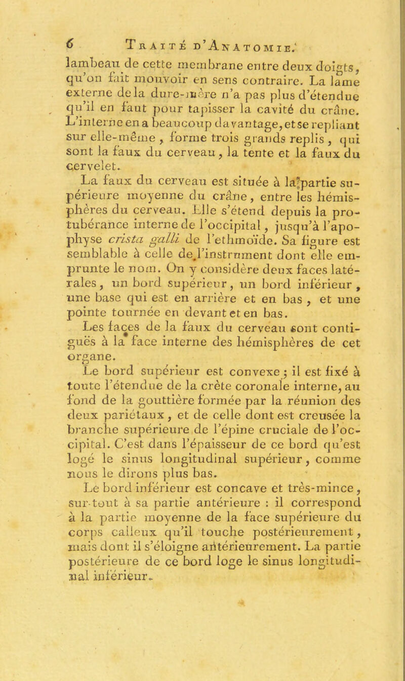 lambeau de cette membrane entre deux doigts, cju’on fait mouvoir en sens contraire. La lame externe delà dure-mère n’a pas plus d’étendue qu’il en faut pour tapisser la cavité du crâne. L’interneena beaucoup davantage,etse repliant sur elle-même , forme trois grands replis , qui sont la faux du cerveau, la tente et la faux du cervelet. La faux du cerveau est située à la'partie su- périeure moyenne du crâne, entre les hémis- phères du cerveau. Llle s’étend depuis la pro- tubérance interne de l’occipital, jusqu’à l’apo- physe cris ta galli de l’ethrnoïde. Sa ligure est semblable à celle dej’instrnment dont elle em- prunte le nom. On y considère deux faces laté- rales , un bord supérieur, un bord inférieur, une base qui est en arrière et en bas , et une pointe tournée en devant et en bas. Les faces de la faux du cerveau «ont conti- guës à la face interne des hémisphères de cet organe. Le bord supérieur est convexe ; il est fixé à toute l’étendue de la crête coronale interne, au fond de la gouttière formée par la réunion des deux pariétaux , et de celle dont est creusée la branche supérieure de l’épine cruciale de l’oc- cipital. C’est dans l’épaisseur de ce bord qu’est logé le sinus longitudinal supérieur, comme nous le dirons plus bas. Le bord inférieur est concave et très-mince, sur-tout à sa partie antérieure : il correspond à la partie moyenne de la face supérieure du corps calleux qu’il touche postérieurement, mais dont; il s’éloigne aritérieurement. La partie postérieure de ce bord loge le sinus longitudi- nal inférieur.